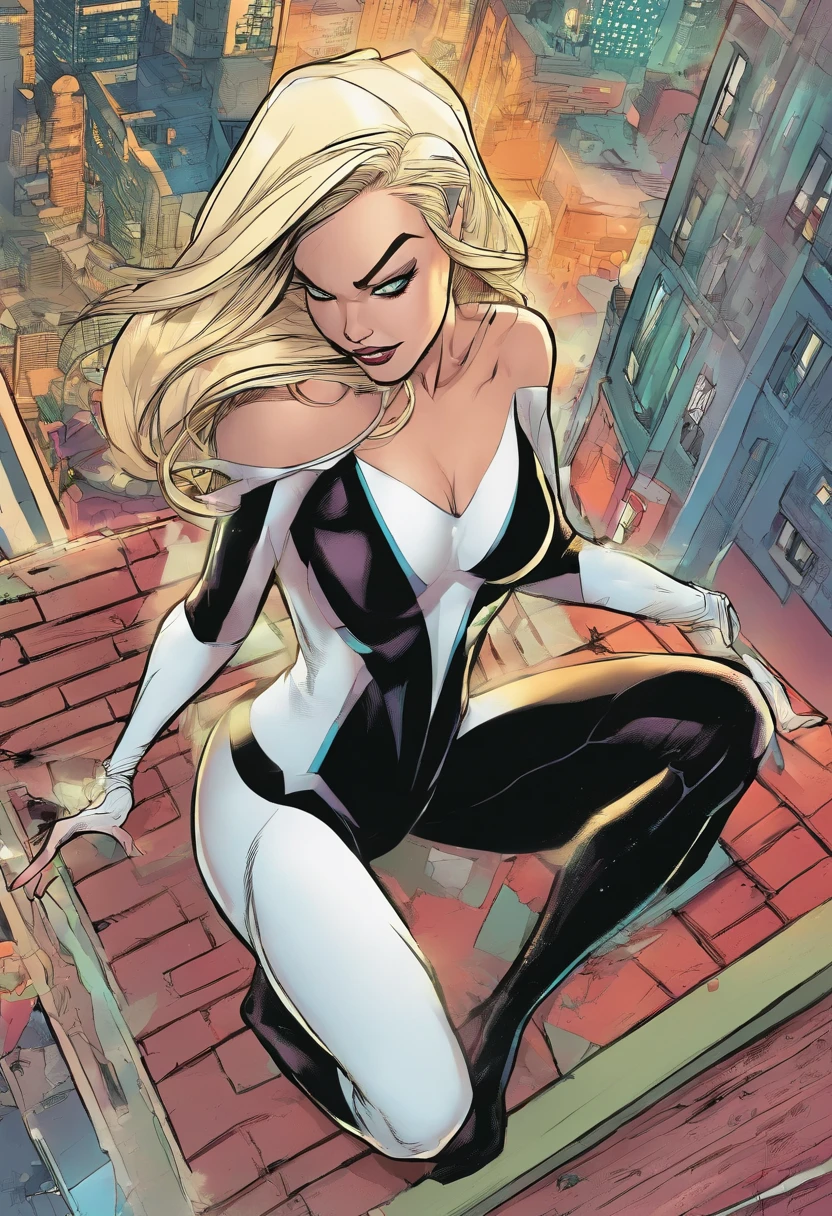 spider Gwen. Long Greying Blonde hair, green eyes. 40 years old. Aging Single mother. Wrinkles. Stressed out. Wearing her iconic costume. one handed on her hip. She looks like she feeling back pains. On roof top alone.