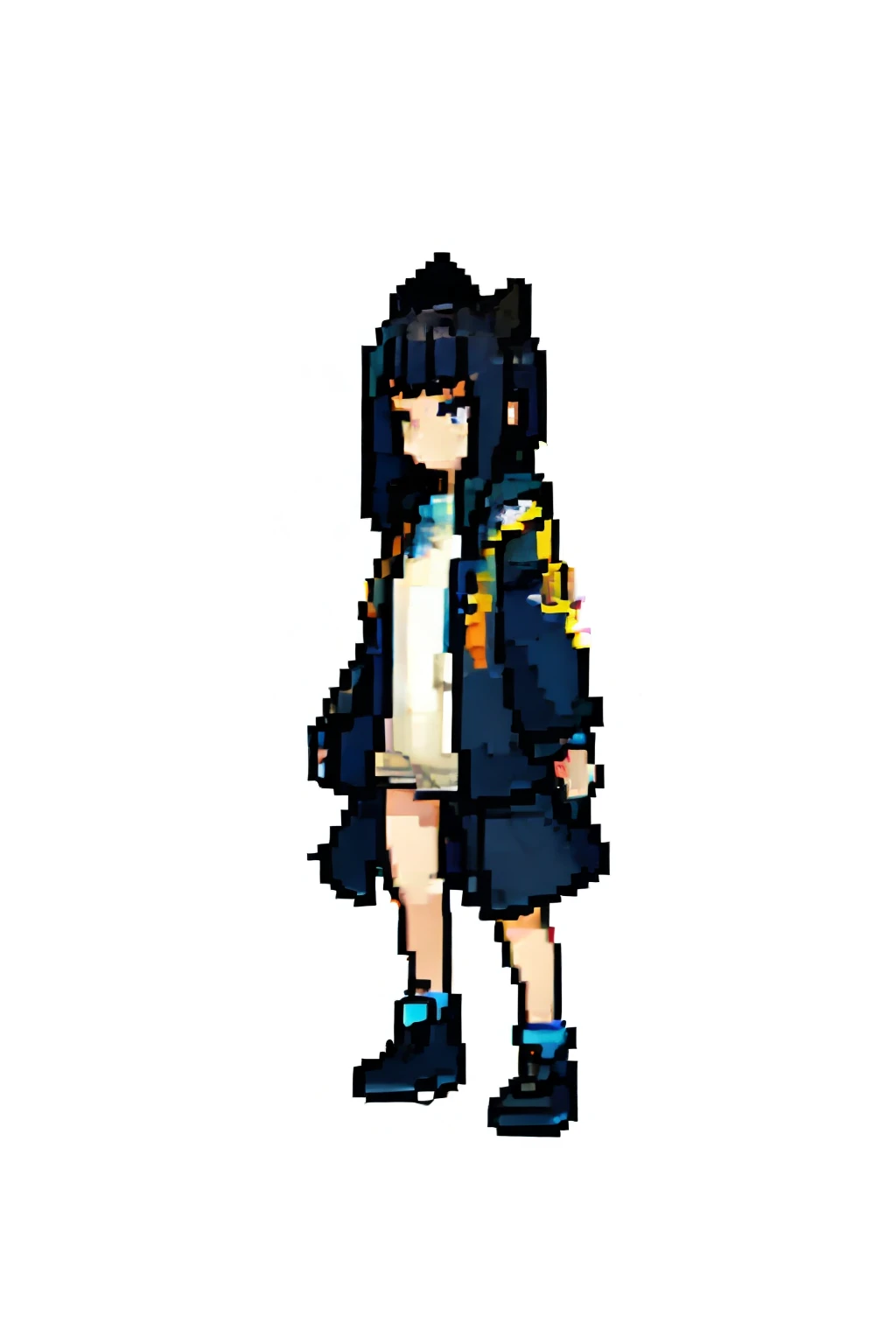 (masterpiece, top quality, best quality), pixel,pixel art,1girl,full body, black hair,cat ears,white longline shirt,black tactical-style jacket