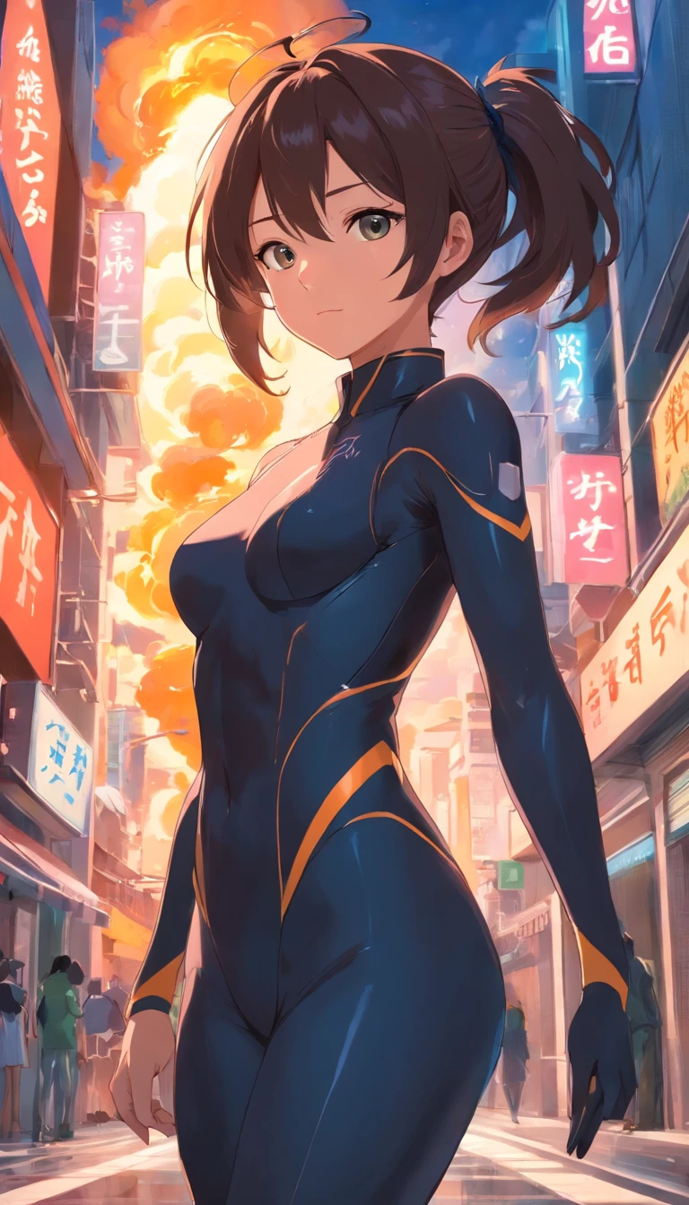 best qualtiy， tmasterpiece， 超高分辨率， realisticlying，1 female，Black high ponytail，（Demon suit），hell fire，Arrogant sexy face，Devil's Eye，full body pov，wide angles