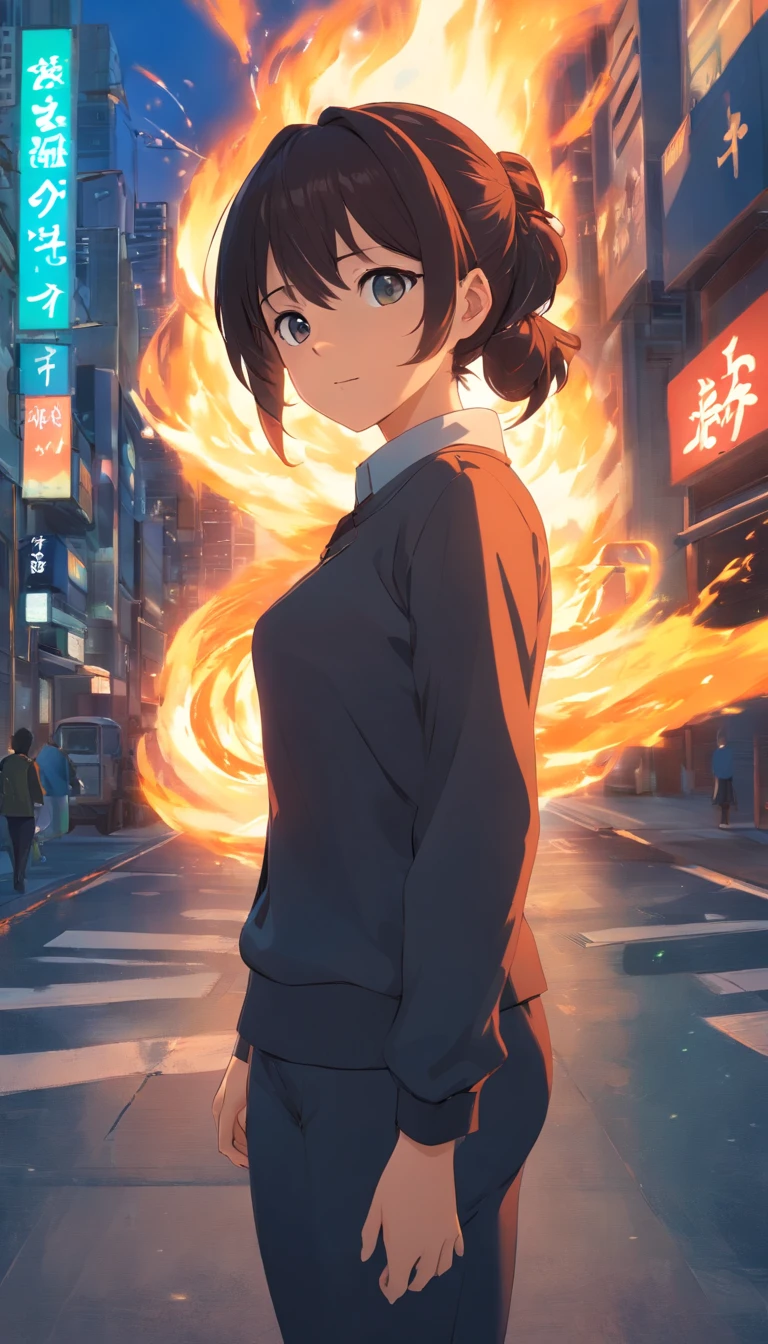 best qualtiy, tmasterpiece, 超高分辨率, realisticlying,1 female,Black high ponytail,(Demon suit),hell fire,An arrogant sexy face,Devil's Eye,full body pov,wide angles