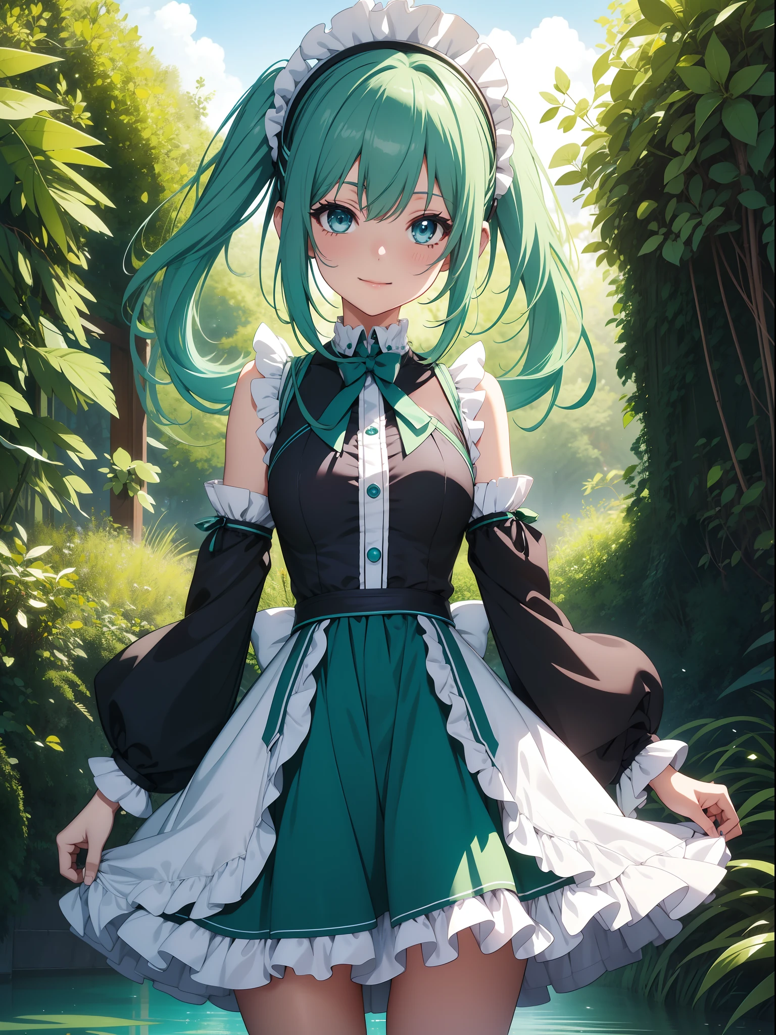 Official art、Top quality ultra-detailed CG art、miku hatsune:1.2)、Green head hair、lively girl、Maids、Transcendent Cute、kirakira、Twin-tailed、ssmile、bob cuts、turn、