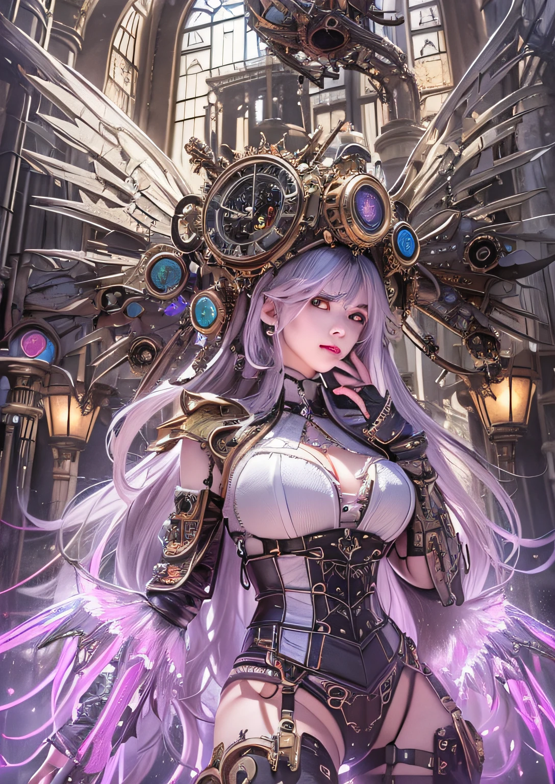 top-quality、tmasterpiece、超A high resolution、(Photorealsitic:1.4)、RAW photo、Steampunk robot angel、Large wing made of metal、White porcelain body、Acrylic transparent cover、whaite hair、glowy skin、1 Steampunk girls、((Super realistic details))、porate、globalillumination、black shadows、octan render、8K、ultrasharp、Character edge light,Colossal tits、Raw skin is exposed in cleavage、Details of complex ornaments、Sumerian details、Hydraulic cylinder、small led lights、highly intricate detail、Realistic light、a purple eye、Radiant eyes、Facing the camera、neon light detail、cow boy shot、Futuristic headgear、The background is a steampunk city、、