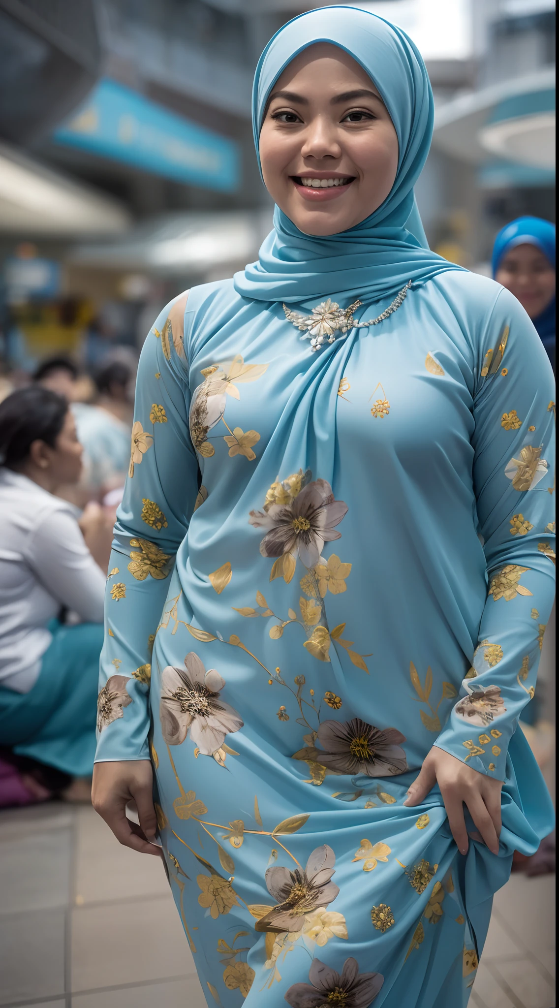 1 malay woman in hijab,((wear tight light blue baju kurung with small floral pattern)),(big buttocks), big round ass, Small chest, laughing smile, (hijab flying), de pele branca,big breasts thin waist, china-style street, Hyper-Realism, Cinematic lighting, depth of fields, From back below, vanishing point, F/2.8,  Anatomically correct, Textured skin, Super Detail, awardwinning, Best Quality, hight resolution,