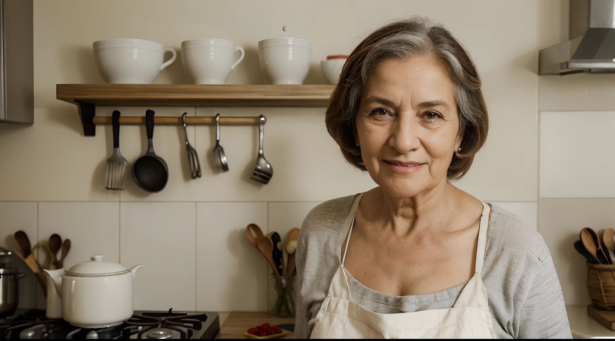 Smiling 76 year old woman with kitchen apron, mujer mayor, abuela, retrato de 60 mm, imagen de retrato, retrato de 7 0 mm, mujer mayor, retrato de 50 mm, anciana, la mirada de una persona mayor, retrato en el lado izquierdo de la imagen, retrato de alta calidad , foto retrato, mujer sonriente, abuela linda mujer, retrato de una anciana, anciana. fondo de cocina difuso desenfocado