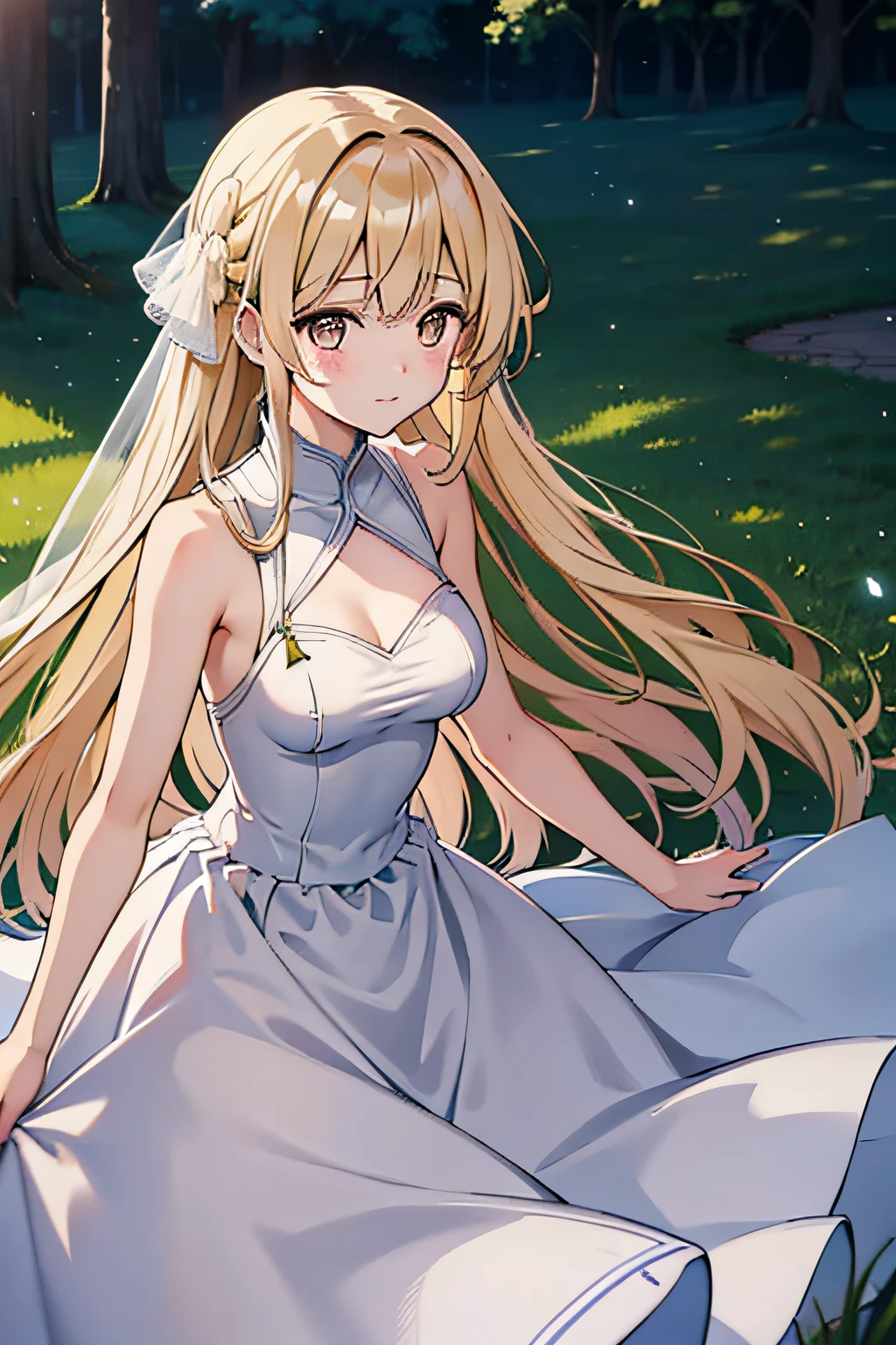 Showing the whole body, cute, baby face, big breasts, flying in the sky, in the forest, simple white dress, long hair, alone, short, fairy wings, honey blonde hair, lemon tree, orange eyes