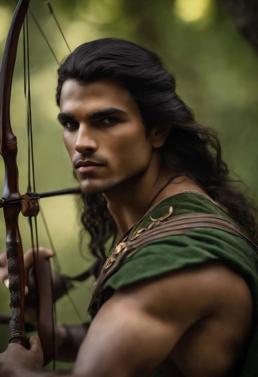 Crie um elfo jovem-adulto do genero masculino, com aspectos um tanto de arqueiro. Cabelos grande preto passando um pouco do ombros e olhos verdes. Skin color is brown. He has a bow and arrow in his hands