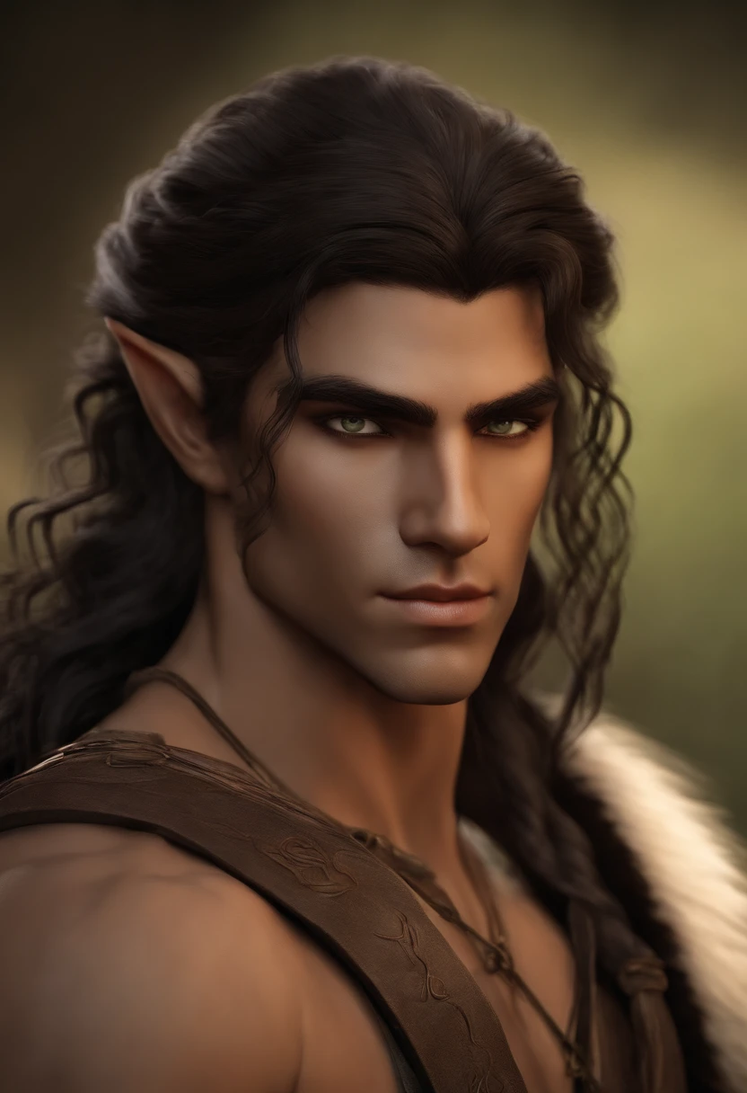 Crie um elfo jovem-adulto do genero masculino, com aspectos um tanto de arqueiro. Cabelos grande preto passando um pouco do ombros e olhos verdes. Skin color is brown. He has a bow and arrow in his hands