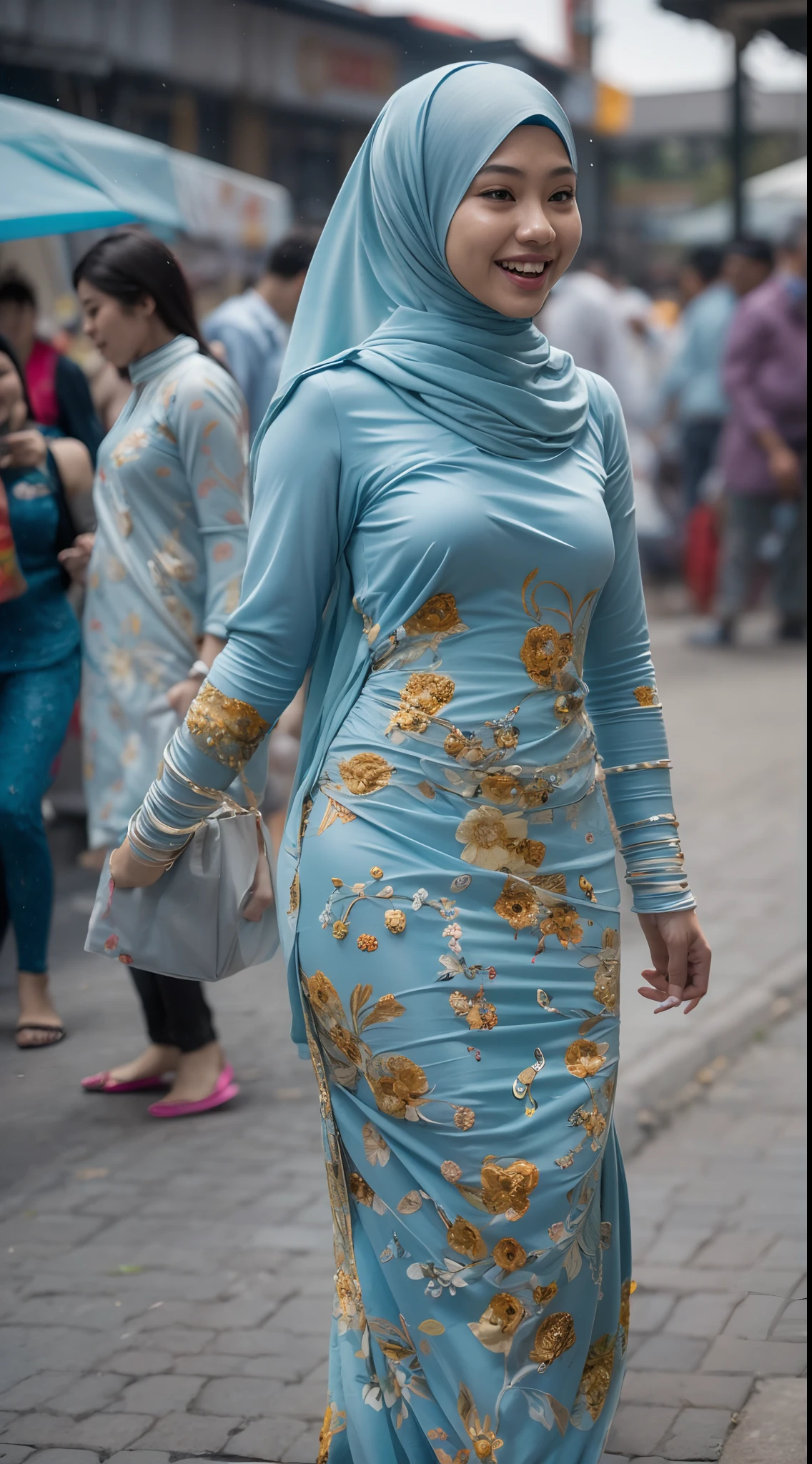 1 malay woman in hijab,((wear tight light blue baju kurung with small floral pattern)),(big buttocks), big round ass, Small chest, laughing smile, (hijab flying), de pele branca,big breasts thin waist, china-style street, Hyper-Realism, Cinematic lighting, depth of fields, From back below, vanishing point, F/2.8, Anatomically correct, Textured skin, Super Detail, awardwinning, Best Quality, hight resolution,