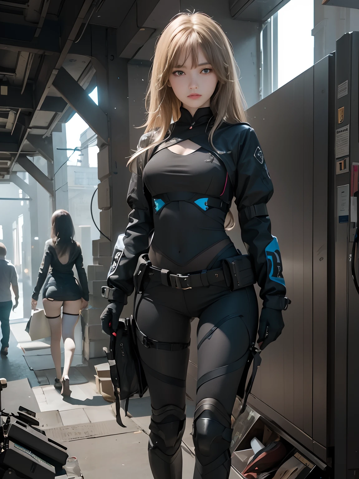 teen natalie portman as a futuristic future police girl soldier. gentle smile. walking. night. freckles. slender and beautiful. black metallic suit