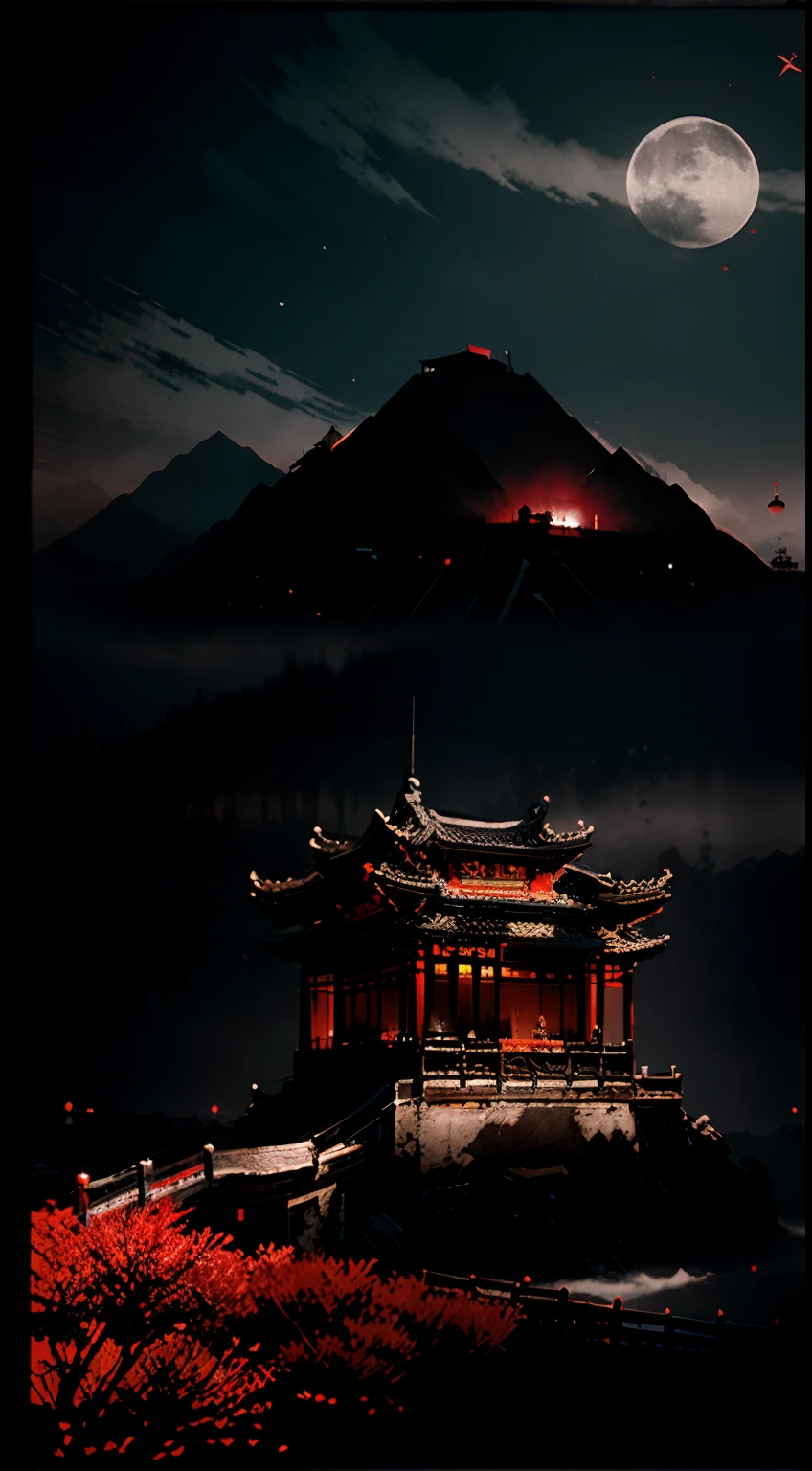 divergence glitch landscape Tradition Chinese Ink Painting ink render retro dark vintage Tradition Chinese Ink Painting style concept art black and red Rembrandt light vague dim moonlight Chinese style terror
