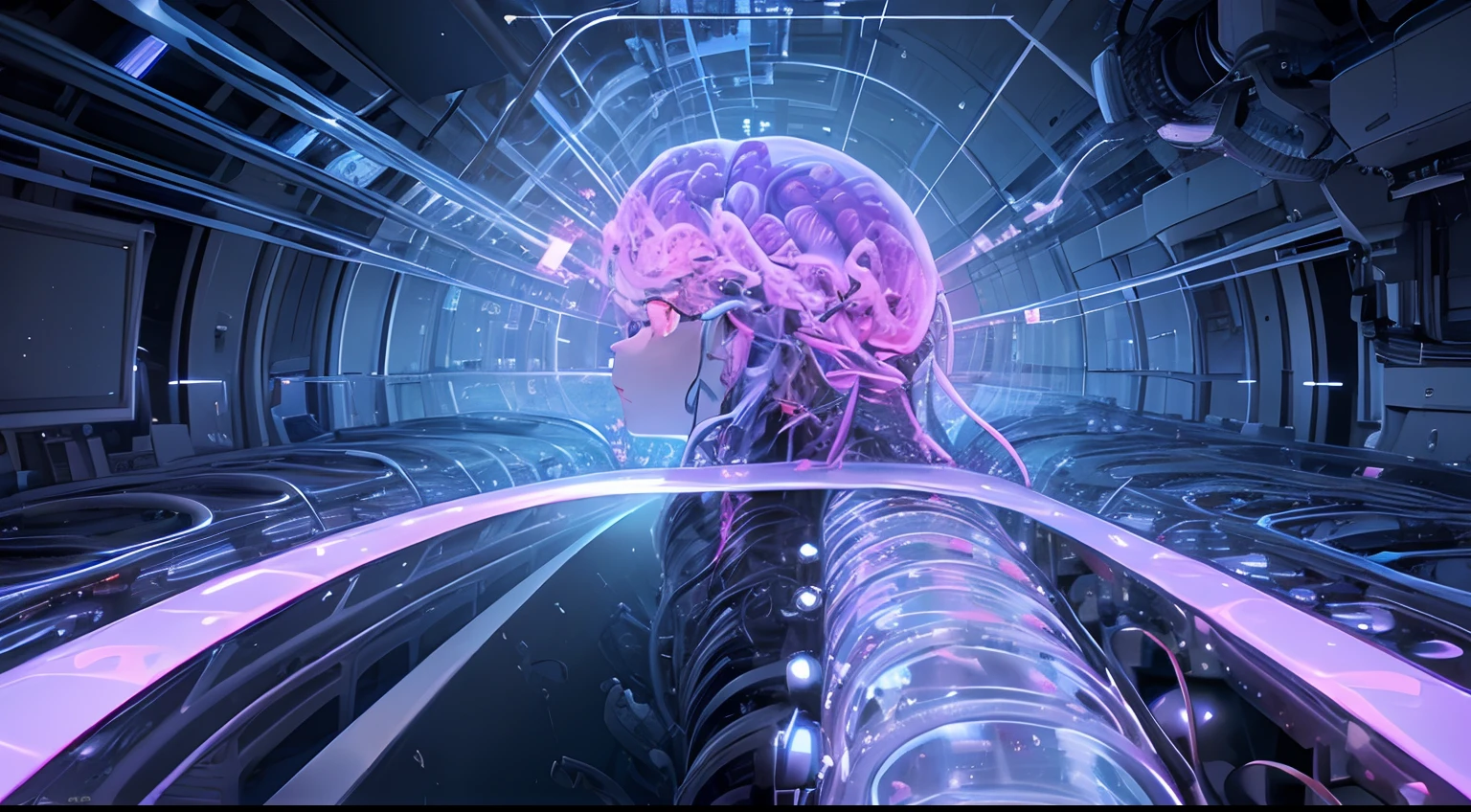 Future massive brain-computer interface brain development, cerebrospinal cord structure research center complex details, extremely psychedelic, super realistic