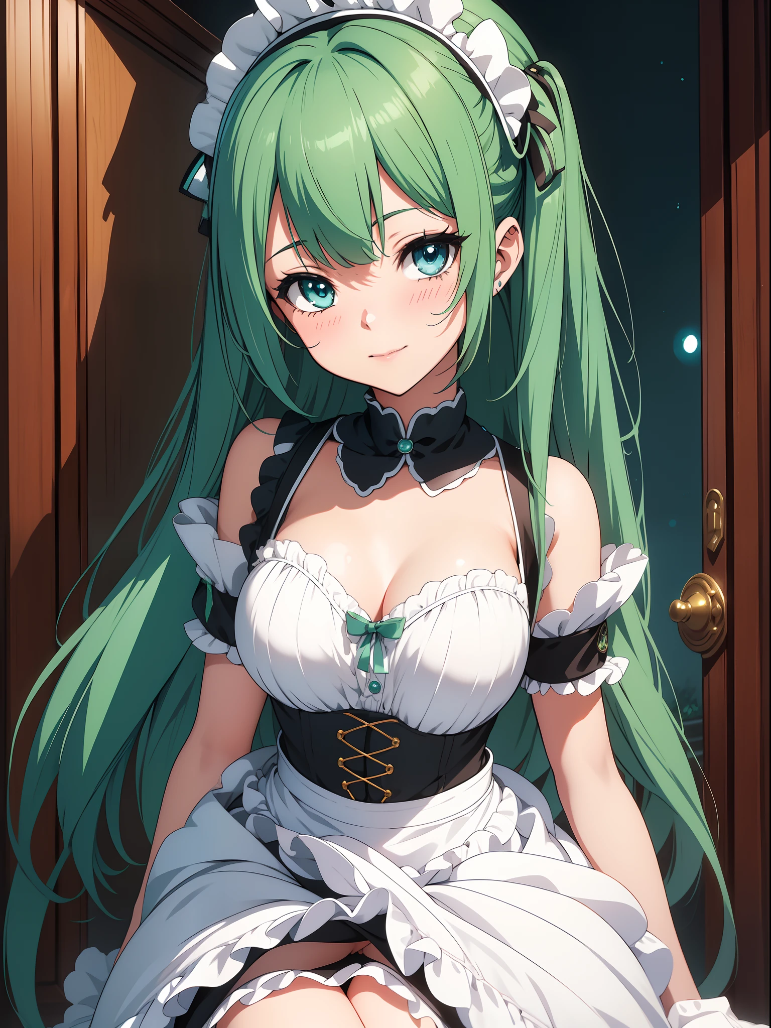 Official art、Top quality ultra-detailed CG art、miku hatsune:1.2)、Green head hair、lively girl、Maids、Transcendent Cute、kirakira、Twin-tailed、ssmile、bob cuts、turn、