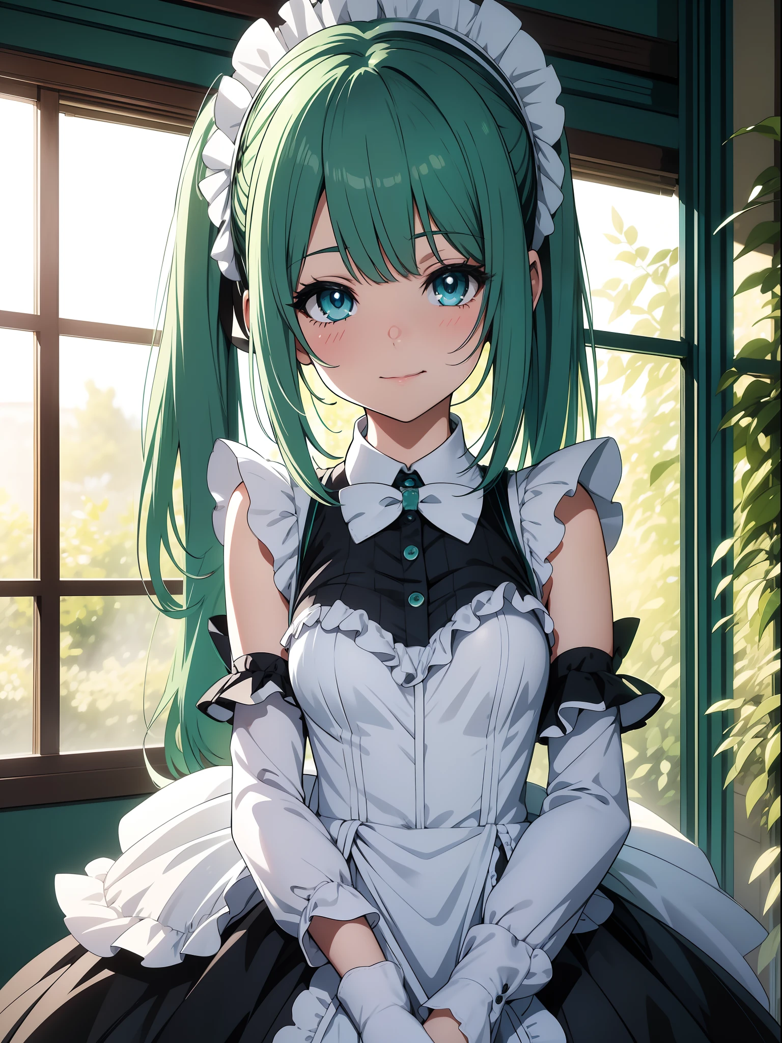 Official art、Top quality ultra-detailed CG art、miku hatsune:1.2)、Green head hair、lively girl、Maids、Transcendent Cute、kirakira、Twin-tailed、ssmile、bob cuts、turn、