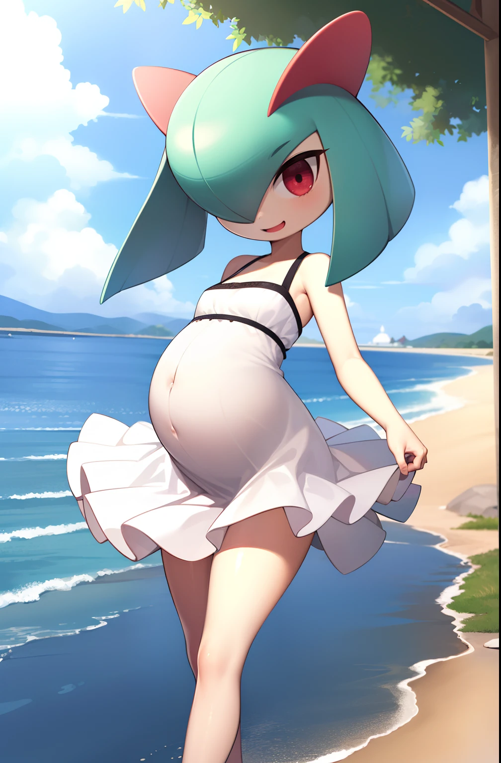 obra maestra, mejor calidad, 1 girl in, solo, kirlia, cabello verde, ojos rojos, vestido amarillo, vestido con flores, piel de porcelana, cabello corto, ropa ajustada, caminando por una playa, manos en el vientre, vestido escotado, senis grandes, (((embarazada))), vientre de embarazo, ruvor, sonrisa timida.