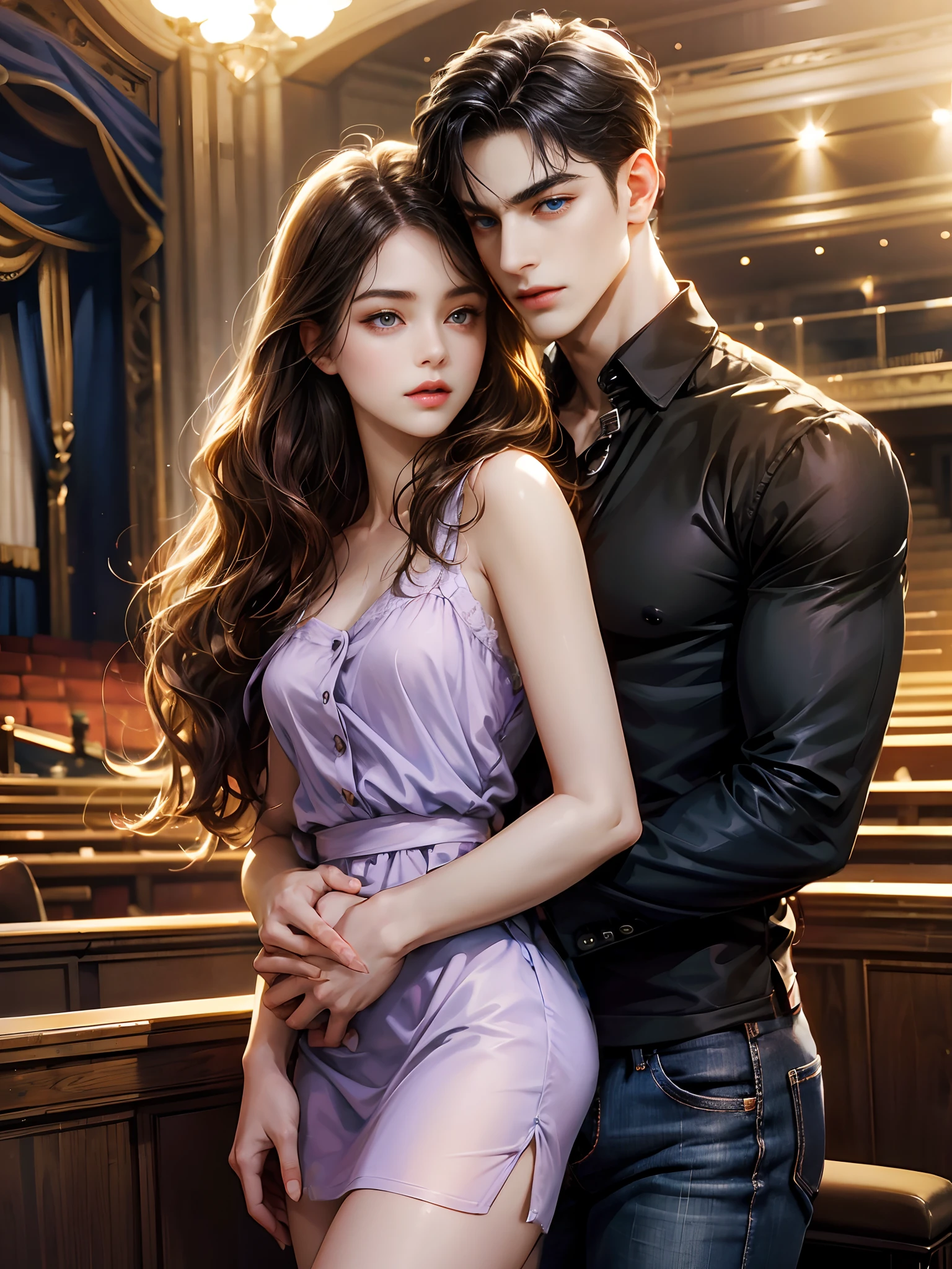 The boy has a handsome face, symmetrical face, symmetrical eyes. Short black hair, sky blue eyes. Open black shirt and jeans. He's taller than the girl. He huges her. He looks at the viewer