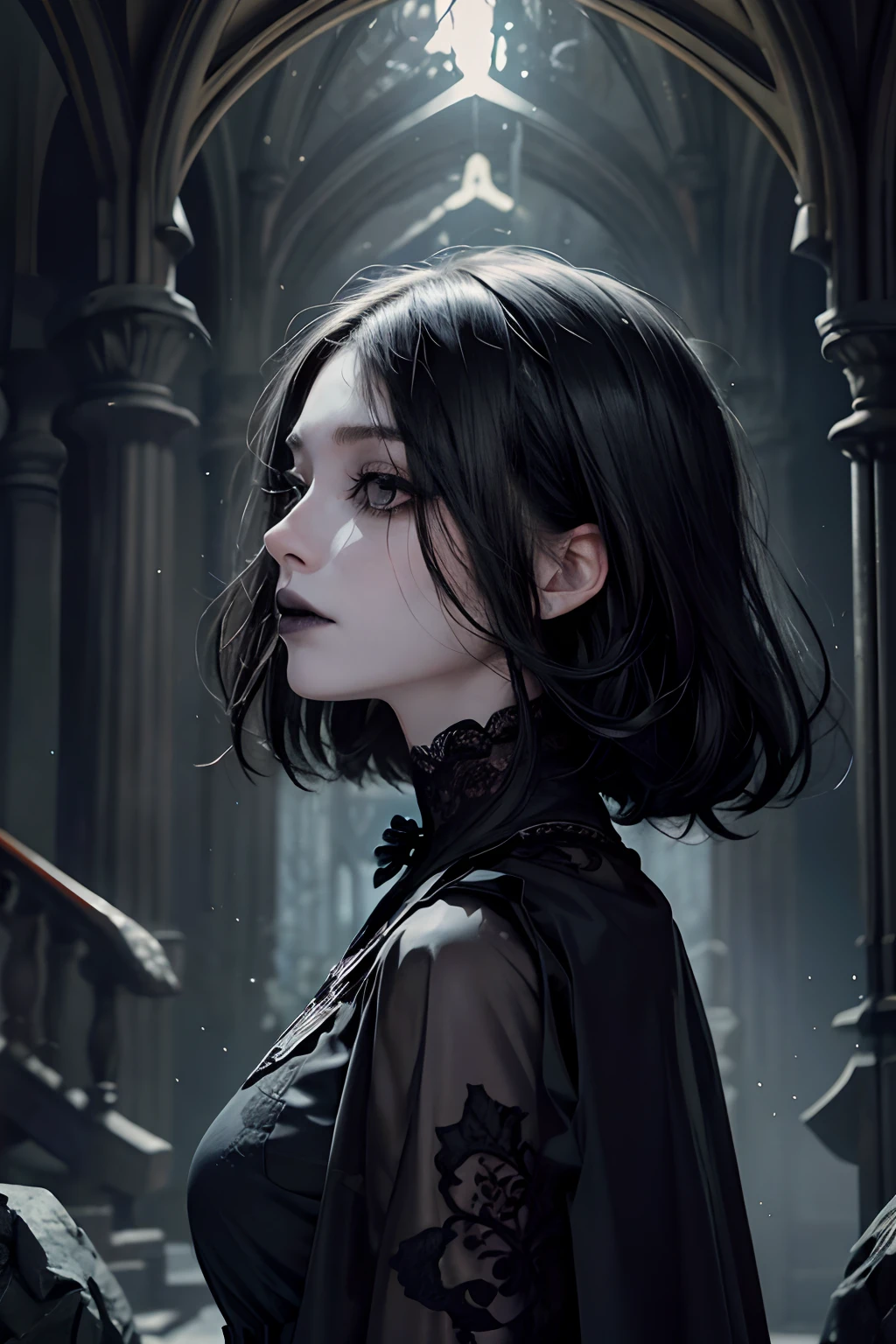 Official Art, Unity 8k wallpaper, super detailed, beautiful, beautiful, masterpiece, best quality, darkness, atmosphere, mystery, romanticism, creepy, literature, art, fashion, victorian, decoration, intricacies, ironwork, lace, contemplation, emotional depth, supernatural, 1 girl, solo, neck, mid body composition, (very pale skin:1.3), dark bags under her eyes, (bags under eyes:1.6), pale like a dead, (black hair:1.1), black lipstick, black lips, arms behind her back, (black eyes:1.1)