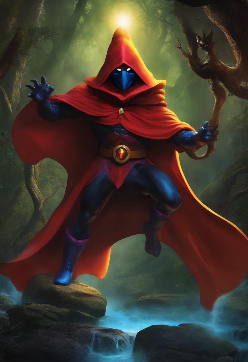orko,personaje de he-man,personaje de los amos del universo,pose epica ,ojos amarillos, cuerpo completo, flotando