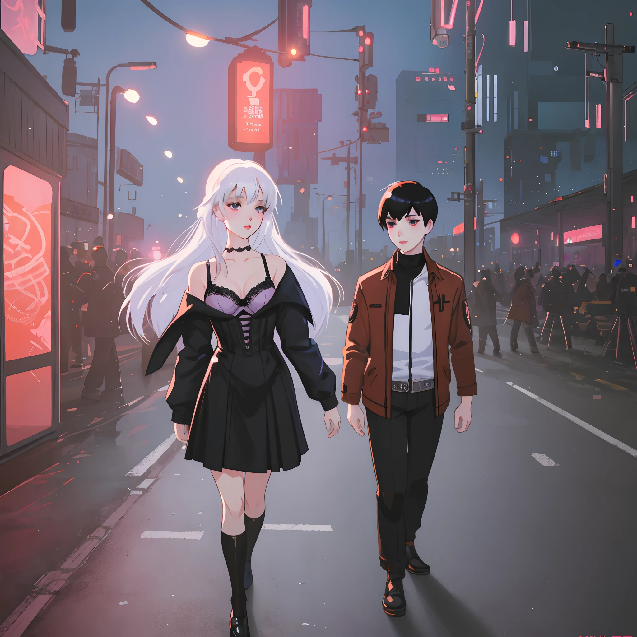 Anime girl standing on city street in leather skirt and black erotic lingerie, Long-haired Ilya Kuvshinov, Guviz style artwork, Anime art wallpaper 8k, Gwitz at Art Station Pissif, Gwiz at Pisciv Art Station, cyberpunk anime art