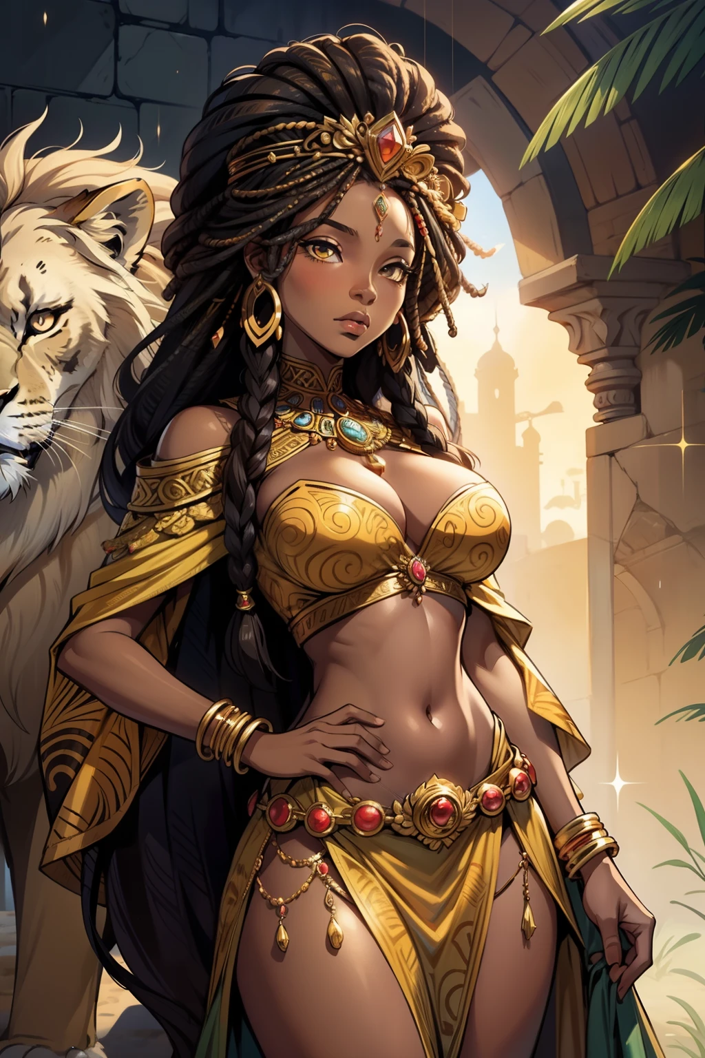 Painting of a woman with a lion and a lioness, caminhando pela mata, Princesa Africana, Mitologia africana, A rainha africana, Princesa africana deslumbrante, Mulher-deusa do amor de pele escura, Princesa negra africana, Rainha da Selva, leoa preta lisa, Colorful epic illustration, The magnificent goddess of the Lion, mulher africana, afrocentric mysticism, kemetic, Tecido distante