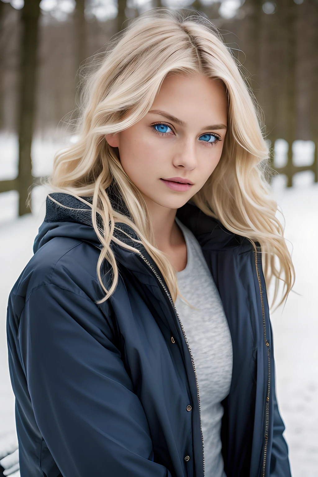 ((1girl in, age19, Solo, Long wavy blond hair, messy wind blown hair, blondehair, (dark blue eyes), Colossal tits, full body shot, (textured skin, skin pores:1.1))), imperfect skin, goosebumps, in a town park, wood bench, snowy mountains, (extremely detailed 8k wallpaper), soft lighting, high quality, film grain, Fujifilm XT3 sharp focus, f 2.6, 135mm, High Detail, Sharp focus,(natural light), (seductive), Realistic, ultra realistic, photo realistic, crazy details, complex details, hyper detailed, (black winter jacket: 1.2), fuzzy jacket lining, white leggings,