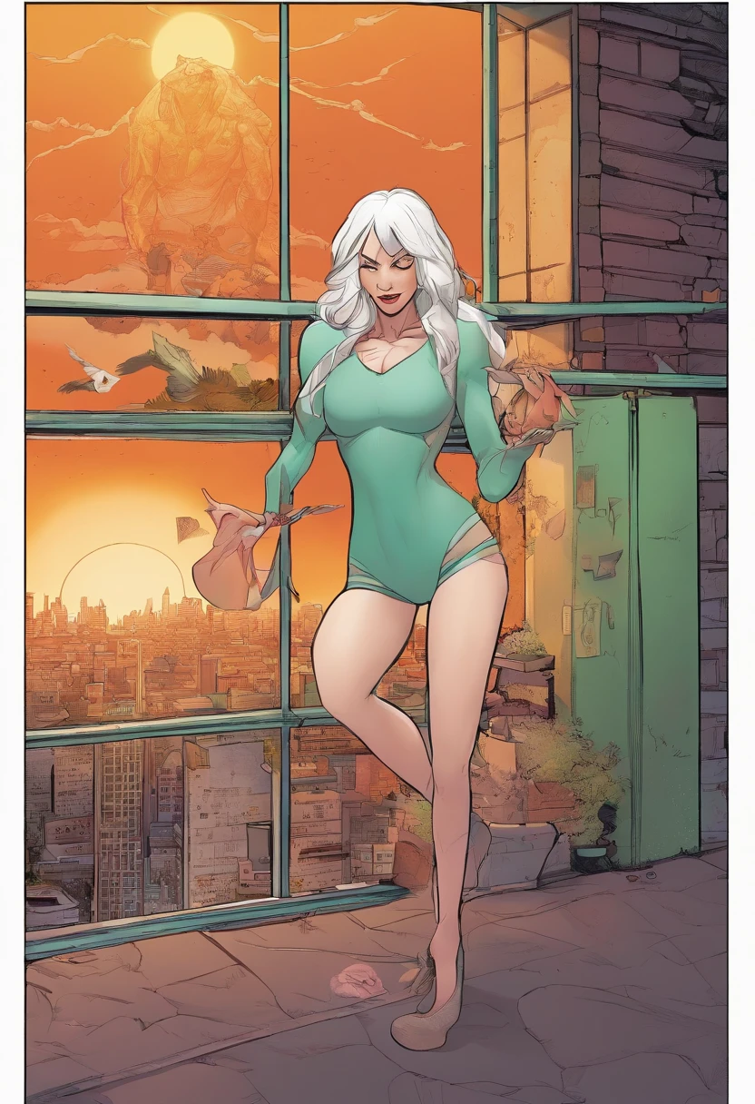 Matured aged 56 year old (mother) spider Gwen. Long greying Blonde hair, green eyes. Sagging chest, and thighs, Wrinkles. Stressed out. Wearing her iconic white costume. Looking bit fat and old, out of shape. Dealing with back pains. On a roof top alone. Tired and exhausted and fatigued, depressed.