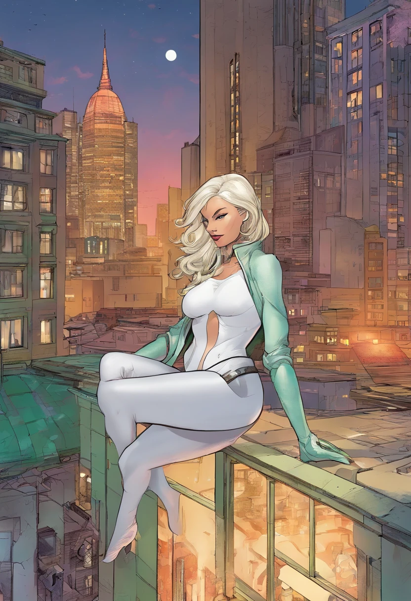 Matured aged 56 year old (mother) spider Gwen. Long greying Blonde hair, green eyes. Sagging chest, and thighs, Wrinkles. Stressed out. Wearing her iconic white costume. Looking bit fat and old, out of shape. Dealing with back pains. On a roof top alone. Tired and exhausted and fatigued, depressed.