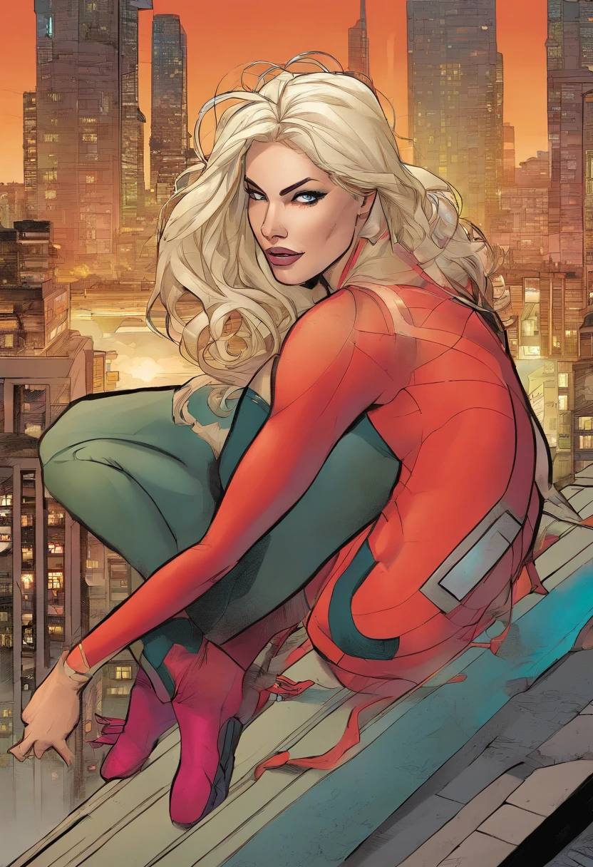 spider woman gwen , sexy open leg , top of tower , golden hour , blone , emma stone face ,