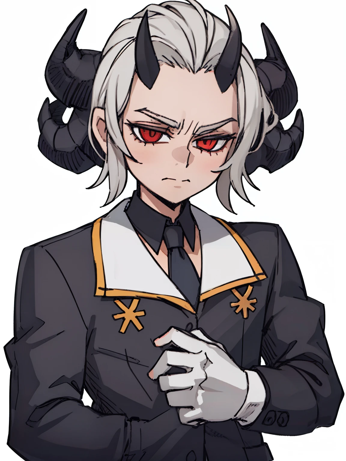 A man frontal,((full bodyesbian,Suits,Gray hair head,Devil horns on the head)),Put your hands in front,Young, White background