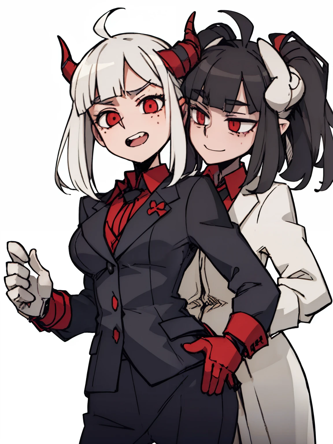 A man is positive,((full bodyesbian,Suits,Gray hair head,demon horns on head)),Put your hands in front,Young, White background