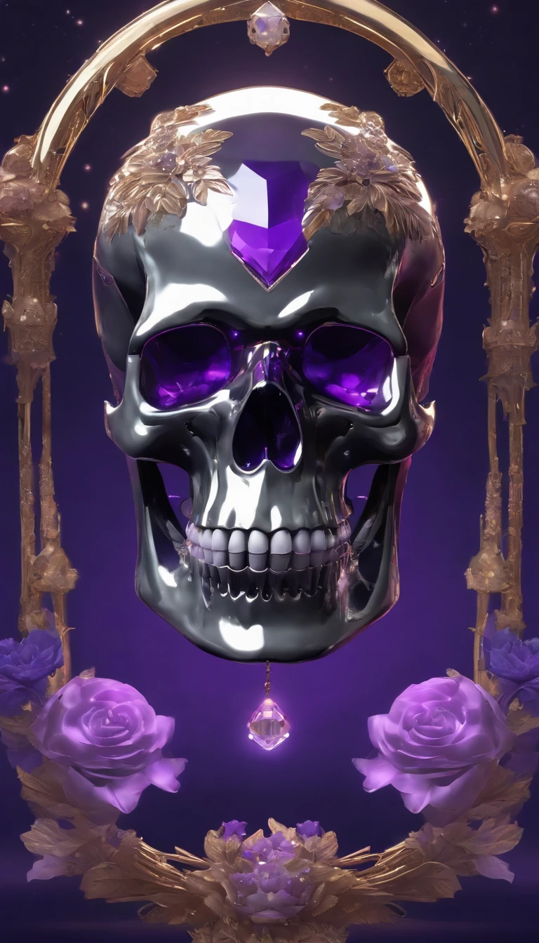 a futuristic skull with glowing eyes and a purple background,A crystal skull with crystal clarity,bloomcore skull with flowers,afrofuturism head,Art nouveau Transparent skull human head,cosmos,decopunk,cyberpunk pearls and jewels art by android jones, behance contest winner, computer art, darksynth vaporwave, rendered in cinema 4 d,fine art photography