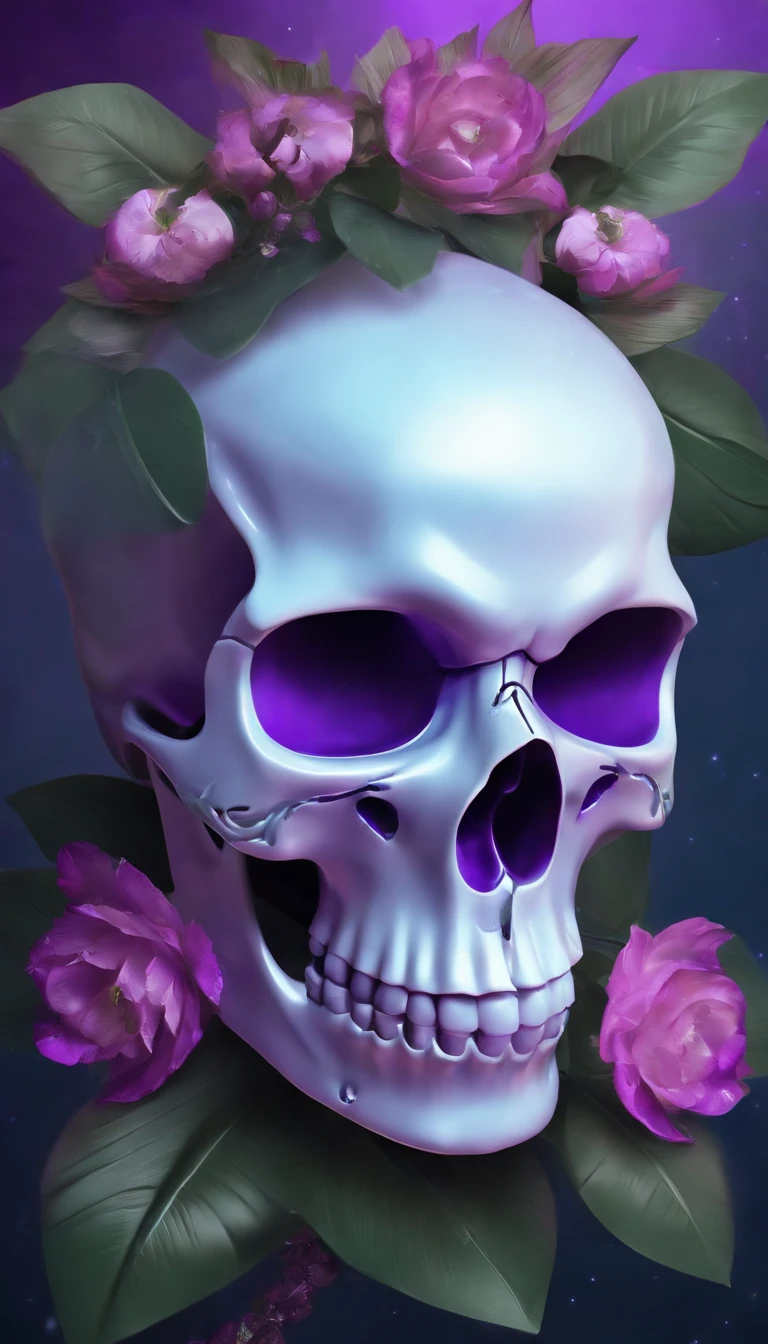 a futuristic skull with glowing eyes and a purple background,A crystal skull with crystal clarity,bloomcore skull with flowers,afrofuturism head,Art nouveau Transparent skull human head,cosmos,decopunk,cyberpunk pearls and jewels art by android jones, behance contest winner, computer art, darksynth vaporwave, rendered in cinema 4 d,fine art photography