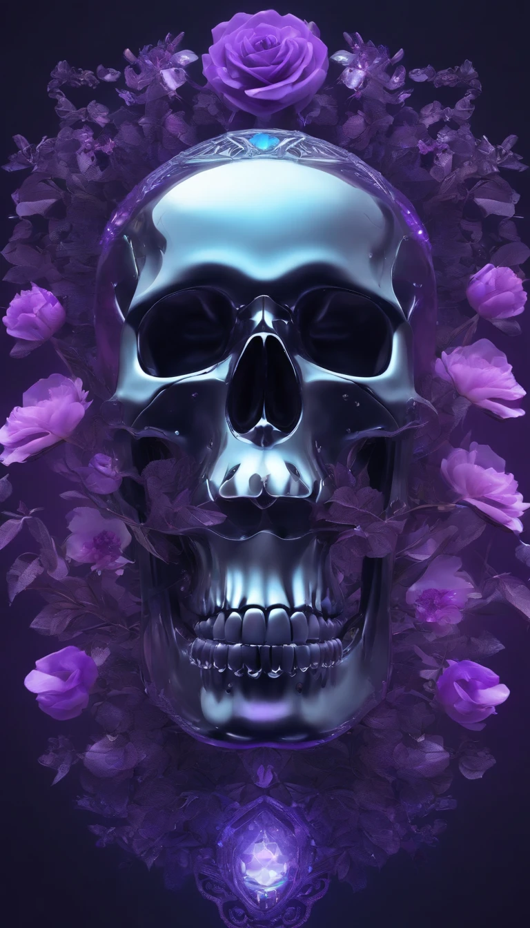 a futuristic skull with glowing eyes and a purple background,A crystal skull with crystal clarity,bloomcore skull with flowers,afrofuturism head,Art nouveau Transparent skull human head,cosmos,decopunk,cyberpunk pearls and jewels art by android jones, behance contest winner, computer art, darksynth vaporwave, rendered in cinema 4 d,fine art photography