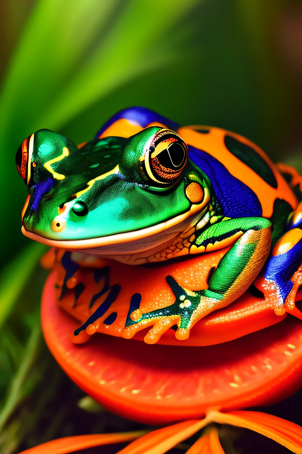 A photo like a fisheye lens, a tangerine break frog, in a mystic horrocore style setting