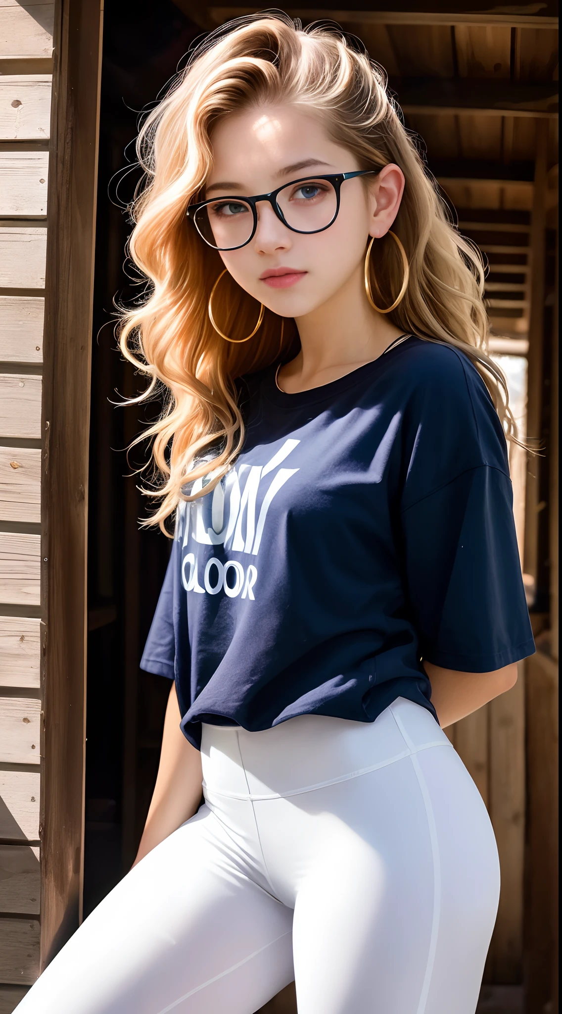 ((Pre-teen)), beautiful girl, model body, big blue eyes, small breasts, long legs, medium hoop earrings, cap, glasses, big t-shirt, leggings, bottom shot, very white skin, long hair, wavy hair, blonde hair, cabin in the woods, photorealistic, Indirect lighting, volumetric light, specular light, ray tracing, hyper-detailed, best quality, ultra-high resolution, HDR, 8k, dynamic pose:1.3