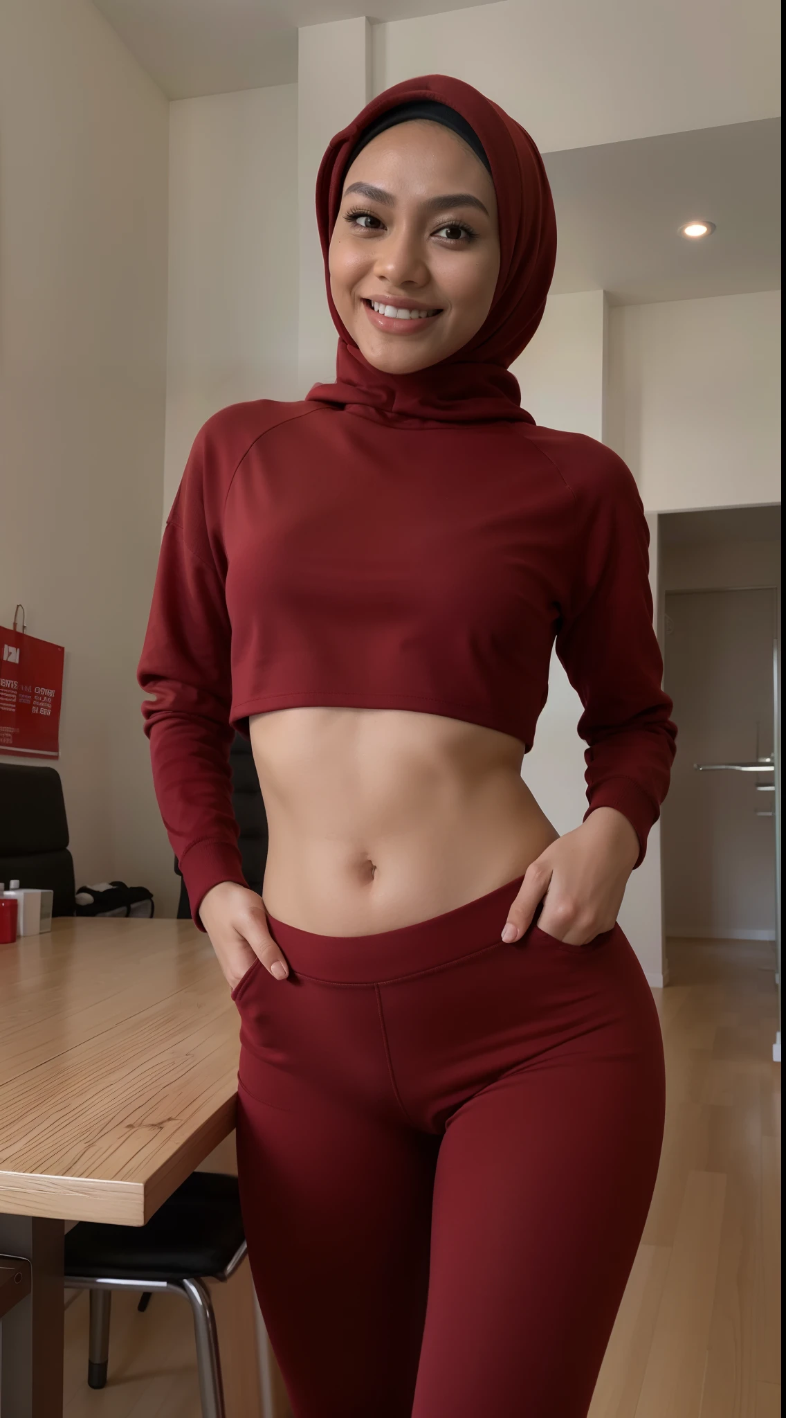 Malay girl in hijab wear big red oversized loose hoodie and high waist leggings in gym, seating, front view, detail skin, detail skin texture, mole below eyes, small breast, big hip, big waist, big thigh, slim abs, beautiful body, evening, laughing, happy, bright lighting, blur background, bokeh, 8k, high quality, ultra detail,