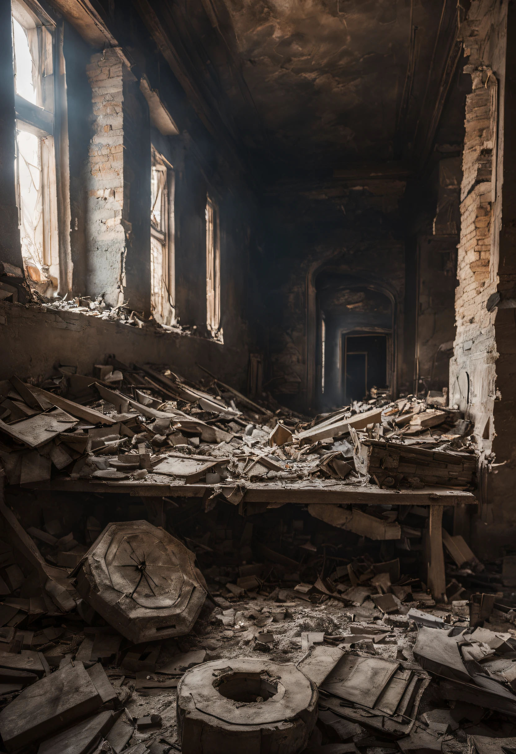 War in Ukraine. Russian bomb destroyed a residential building, killing people. Ruins of house and death - aftermath of war and russian aggression, Art photography: 4 creative, expressive, unique, high quality, DSLR Canon EOS 5D Mark IV, aperture f/5.6, shutter speed 1/125 second, ISO 100 , Adobe Photoshop, award-winning, glibatree style, experimental techniques, unusual perspectives, attention to detail::3 blurry, dark, uninspiring::-2, iridescent and luminescent scales, breathtaking beauty, pure perfection, divine presence, unforgettable , stunning, breath of breathtaking beauty, volumetric light, auras, rays, vivid colors reflect, perfect composition, beautiful image rendering trends Intricately detailed Octane art station, 8k artistic photography, photorealistic concept art, volumetric cinematic perfect light soft natural, chiaroscuro, award-winning photography, masterpiece, Raphael, Caravaggio, Greg Rutkowski, Beeple, Beksinski, giger