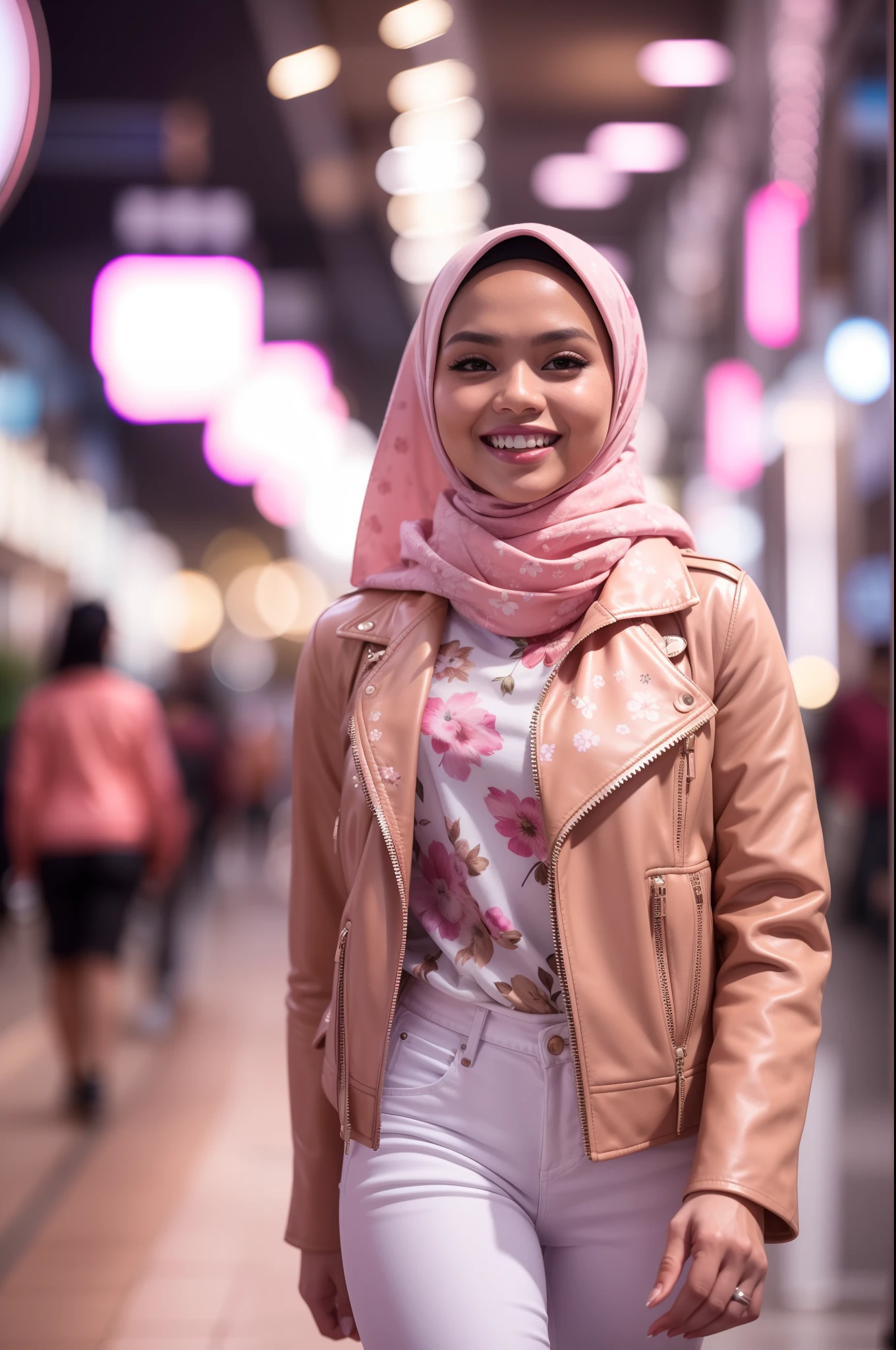 Portrait photography of a beautiful young malay girl in hijab wearing white floral pattern tank top with pink leather jacket and white jeans walking, catwalk, nighttime, crowded mall background, bright lighting, smile and happy gesture, 8k, high quality, ultra detail,