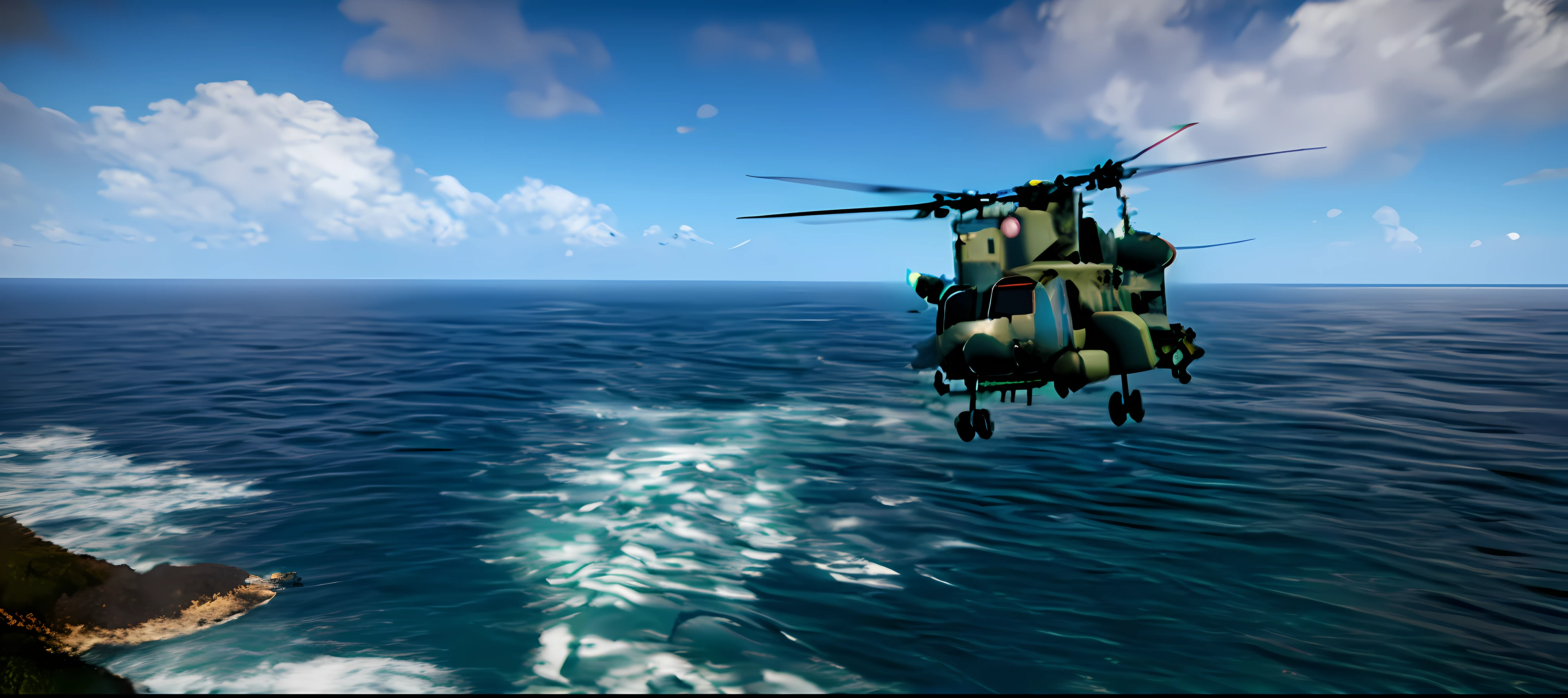 arafly flying over the ocean with a helicopter in the sky, arma 3 screenshot, dcs world style, high quality screenshot, cgi render, cinematic shot, air support, helicopters firing, cinematic shot!, dcs world, bottom angle, cgi rendering, screenshot from game, cinematic full shot, sea king, cg art, in game graphic, detailed cinematic shot
