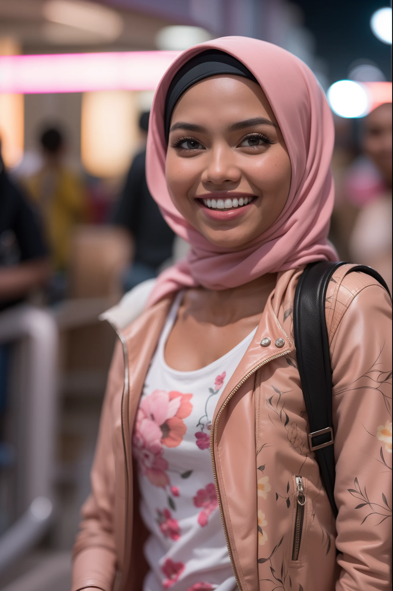 Portrait photography of a beautiful young malay girl in hijab wearing white floral pattern tank top with pink leather jacket and tight white jeans walking, catwalk, nighttime, crowded mall background, bright lighting, smile and happy gesture, detail skin texture, 8k, high detail, ultra detail,