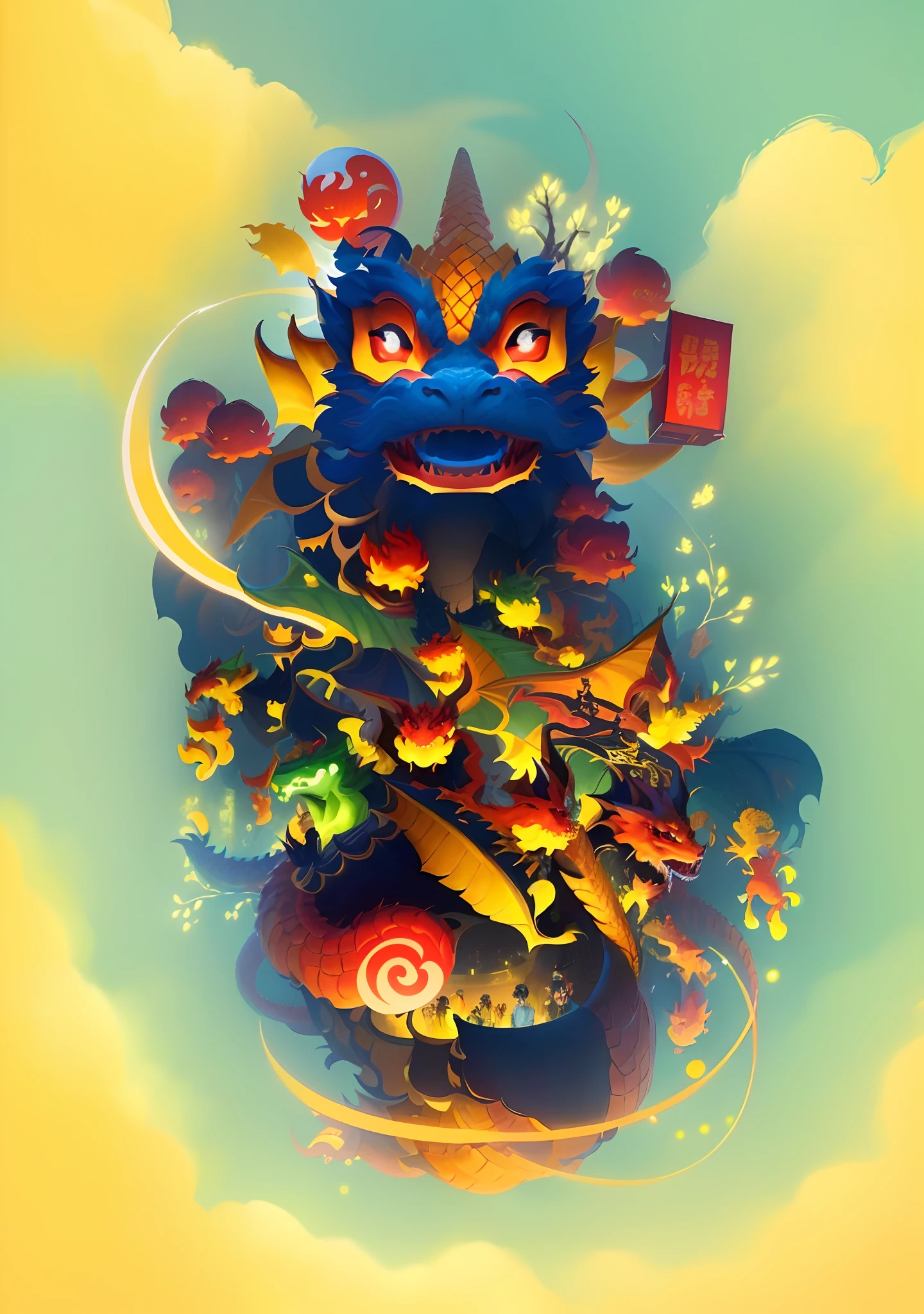 a cartoon image of a ((red dragon)) with a bunch of people around it, full color digital illustration, full color illustration, yellow dragon head festival, 5d, 5 d, large view, illustrative art, 2d, 2 d, by Yan Hui, color illustration, chinese new year in shanghai, by Ni Duan, by Zeen Chin, a beautiful artwork illustration