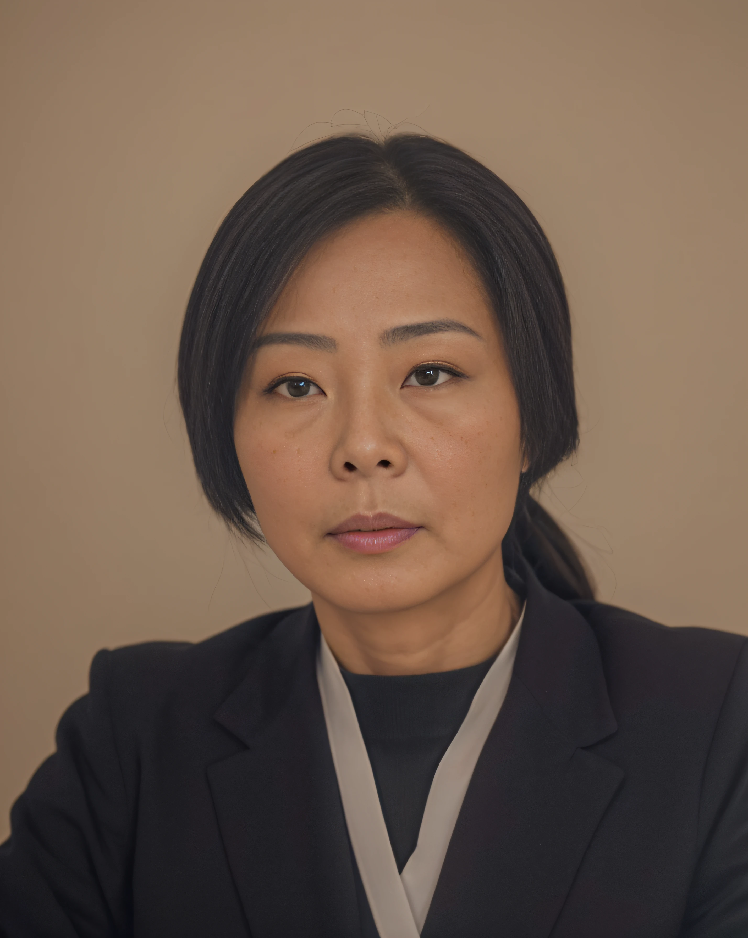 Portrait of a 50-year-old Chinese lady,Single Eyelids,petty eyes,Face emaciation,without a beard,Good facial features,Symmetrical facial features,The ears are symmetrical and clear,Ultra-clear and realistic facial features,He wears a black blazer,Symmetrical collar,Shoulder symmetry,Green underwear,Black natural hair,The texture of the clothes is clear,Ultra-clear texture,Camera shooting effect,Light and shadow are natural,symmetrical clothes,The collar is symmetrical and coordinated,Ultra-clear and realistic 8K,Very detailed eyes and face,hyper-detailing, High definition, Very detailed, Best quality, Masterpiece, , Realistis, Real, 8K wallpaper,Background details for foreground objects (Masterpiece: 1.2) (Photorealistic: 1.2) (Bokeh: 1.2) (Best quality) (Color grading) (Detailed skins: 1.3) (complex) (8K)(Movie lighting: 1.3) (Sharp focus), Glossy glossy skin, Front Ultra HD, Digital SLR, Soft lighting, High quality, Skin texture, filmgrain, Close up, 超高分辨率,