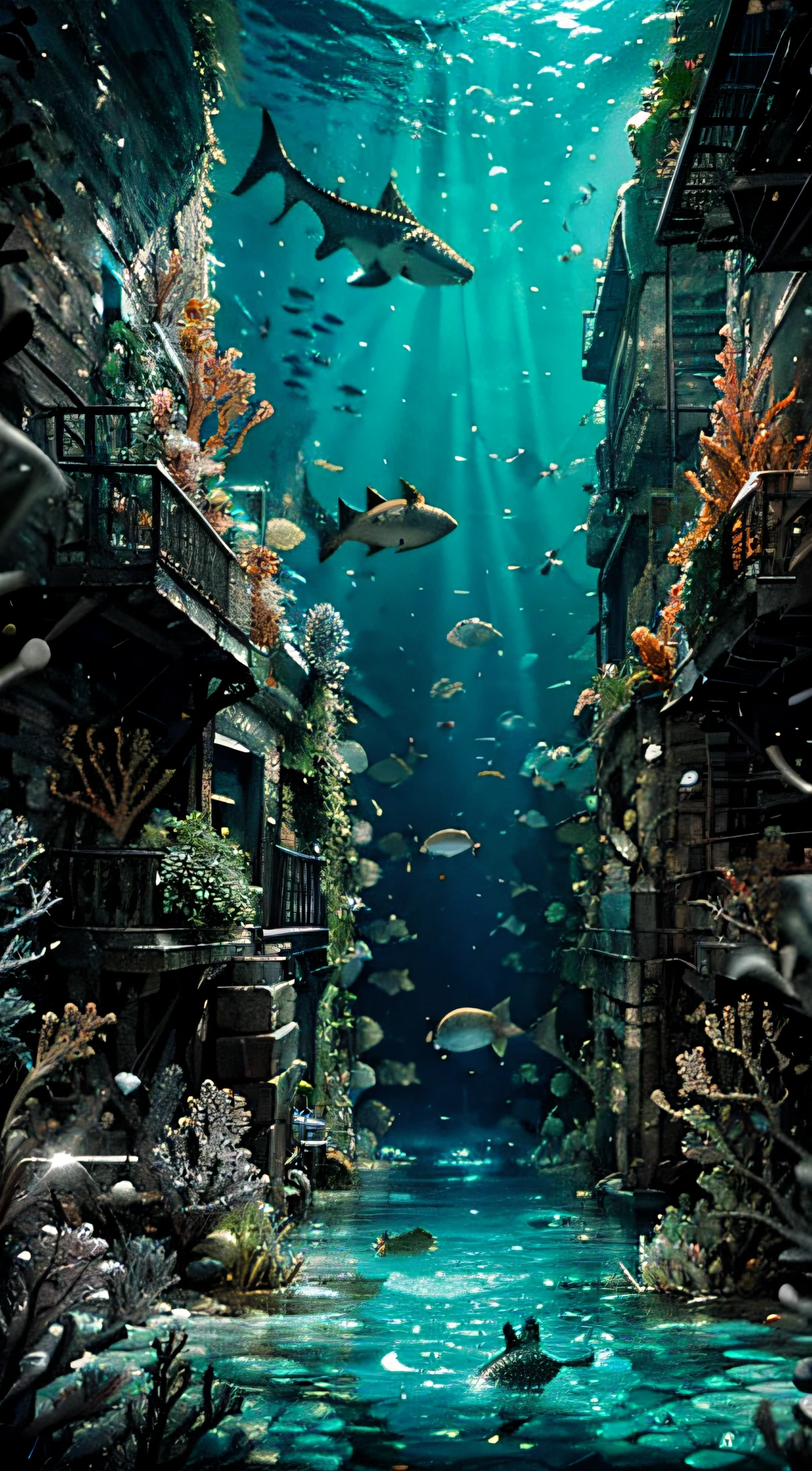 Underwater Coral Wonderland a city in underwater hyperrealistic , fishes , crocodiles , lighting fish , shark , friendly behavior between other fishes