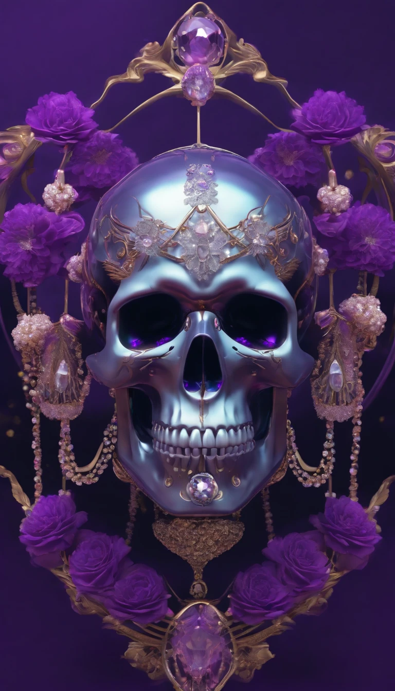 a futuristic skull with glowing eyes and a purple background,skull head made up of crystal and jewels,A crystal skull with crystal clarity,bloomcore skull with flowers,afrofuturism head,Art nouveau Transparent skull human head,cosmos,decopunk,cyberpunk pearls and jewels art by android jones, behance contest winner, computer art, darksynth vaporwave, rendered in cinema 4 d,fine art photography