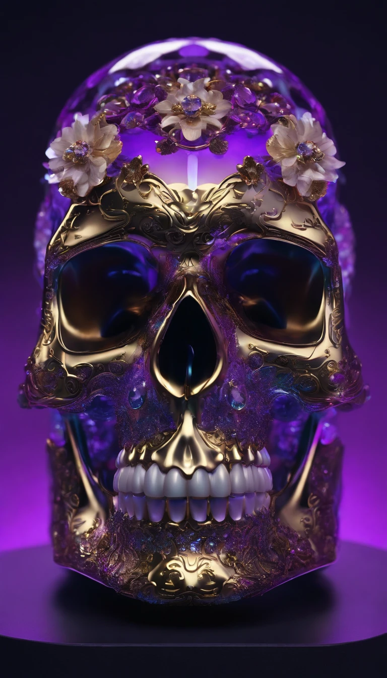 a futuristic skull with glowing eyes and a purple background,skull head made up of crystal and jewels,A crystal skull with crystal clarity,bloomcore skull with flowers,afrofuturism head,Art nouveau Transparent skull human head,cosmos,decopunk,cyberpunk pearls and jewels art by android jones, behance contest winner, computer art, darksynth vaporwave, rendered in cinema 4 d,fine art photography