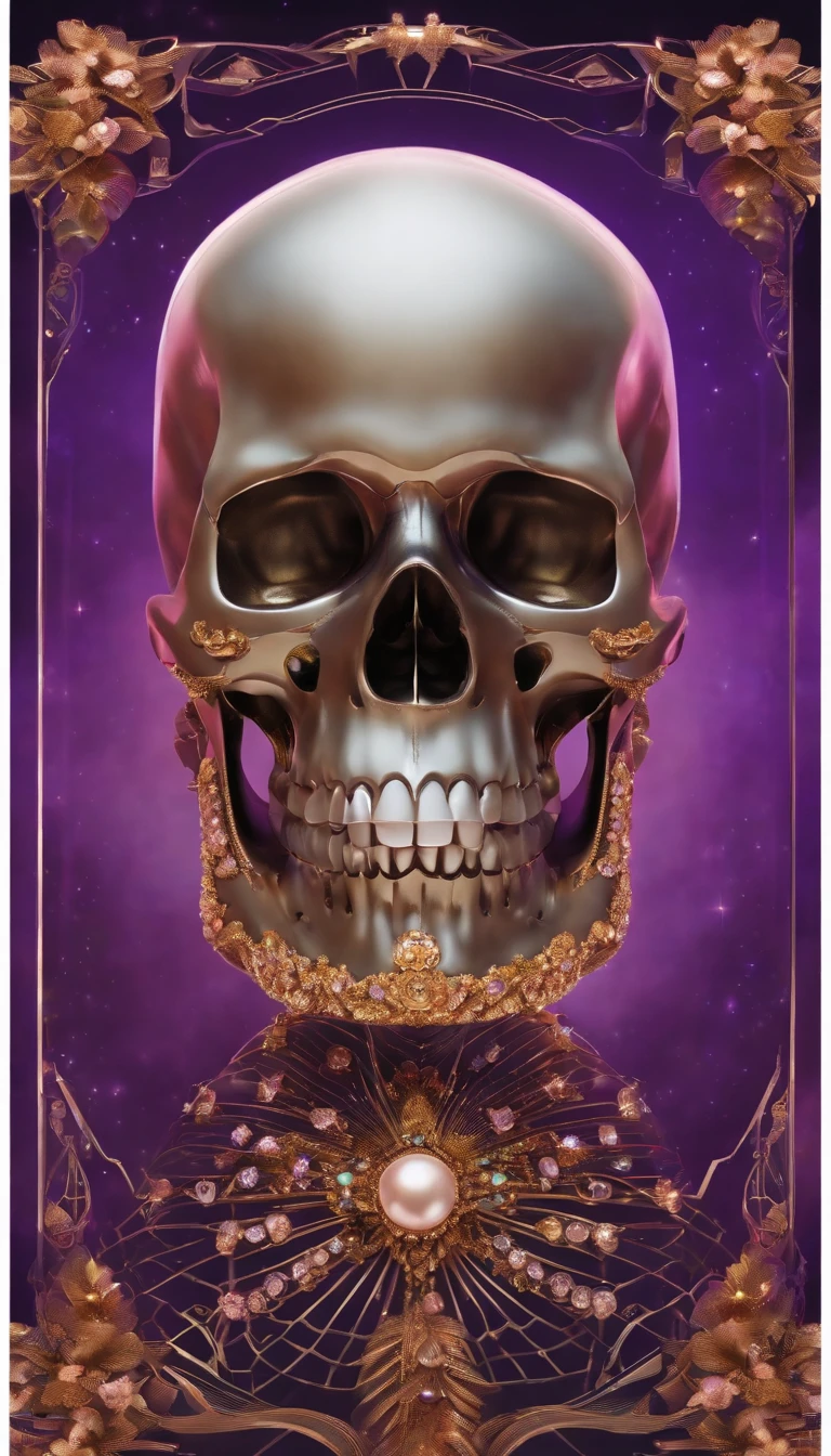 a futuristic skull with glowing eyes and a purple background,skull head made up of crystal and jewels,A crystal skull with crystal clarity,bloomcore skull with flowers,afrofuturism head,Art nouveau Transparent skull human head,cosmos,decopunk,cyberpunk pearls and jewels art by android jones, behance contest winner, computer art, darksynth vaporwave, rendered in cinema 4 d,fine art photography