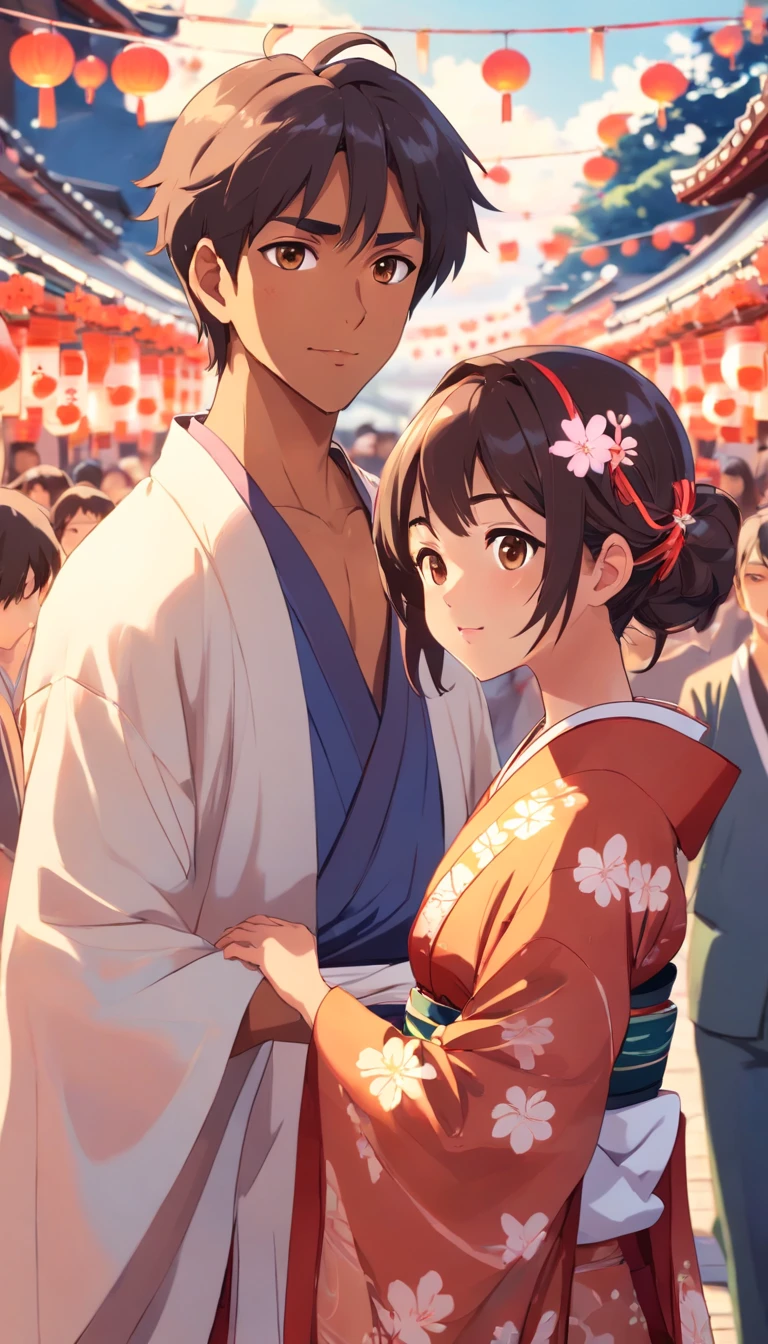 (Indian guy with brown skin) and (Japanese girl) wearing kimono in Japanese festival, (background characters/crowd)
