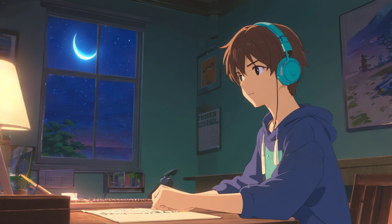(masutepiece) (Man's) Sit in his room and study, On his desk, With headphones on, Geek Decoration, Wall Video Games, poster for, Window with the moon and stars, Calm, peaceful, Thinking, Cinematic, colour grading, beautifully color-coded,