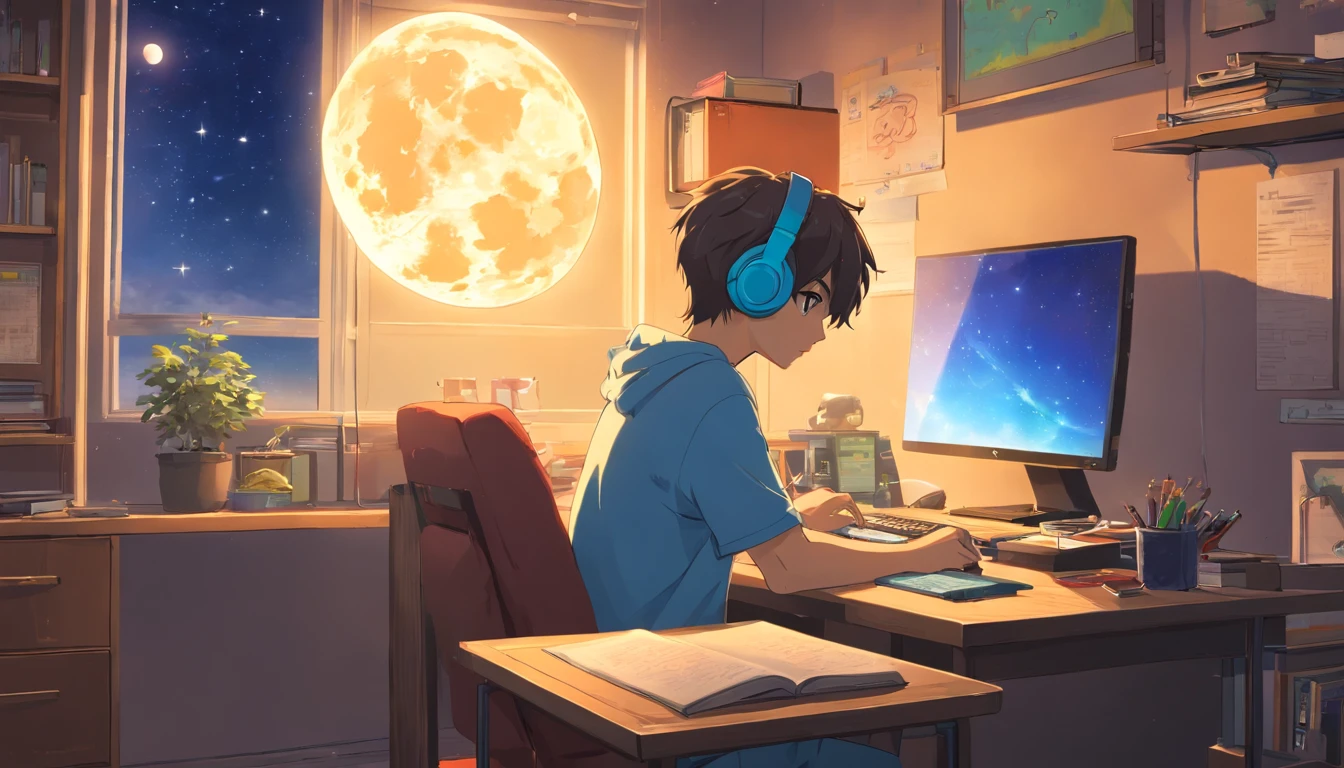 (masutepiece) Male child (Man's) Sit in his room and study, On his desk, With headphones on, Geek Decoration, Wall Video Games, poster for, Window with the moon and stars, Calm, peaceful, Thinking, Cinematic, colour grading, beautifully color-coded,