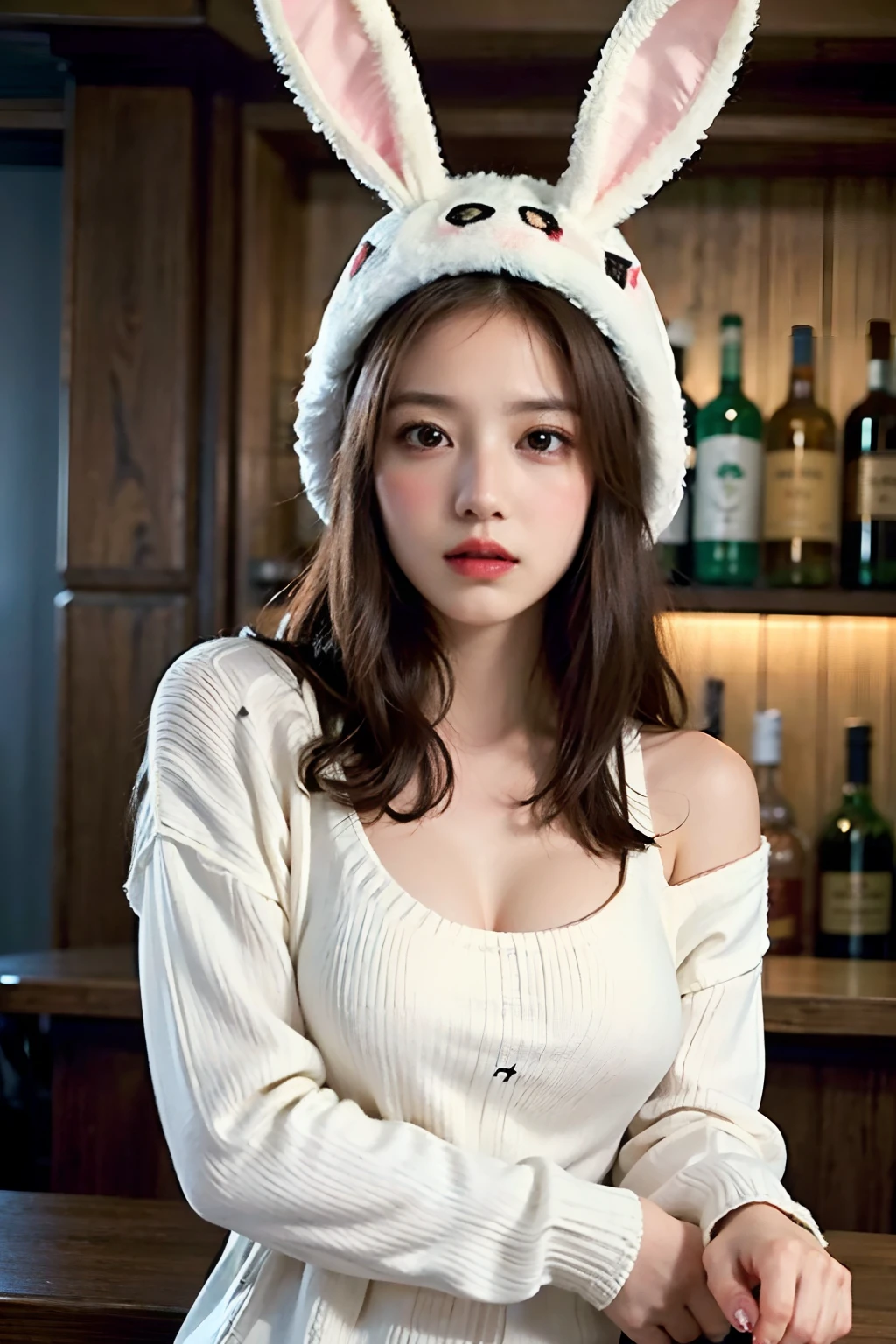 a woman, (wearing oversized_sweater, bunny_ears_hat:1.3),red bunny_ears,
good hand,4k, high-res, masterpiece, best quality, head:1.3,((Hasselblad photography)), finely detailed skin, sharp focus, (cinematic lighting), soft lighting, dynamic angle, [:(detailed face:1.2):0.2], medium breasts,(((in a bar))),