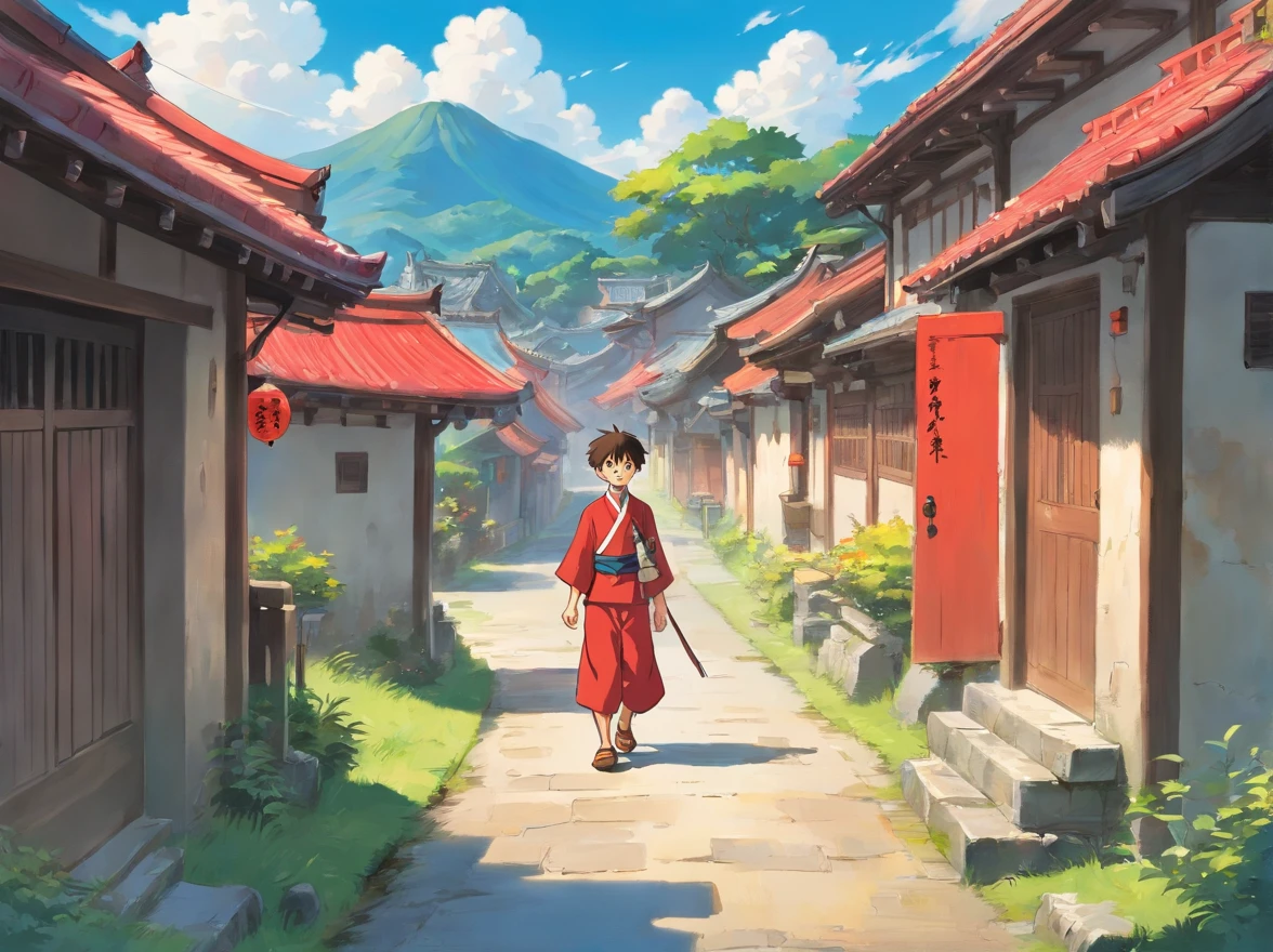 15-year-old boy wearing red Zhuang costume 、Walk on the village road、with blue sky and white clouds、Step out of the village gate、was anxious(The picture shows a young boy looking for the help of a very good traditional craftsman)